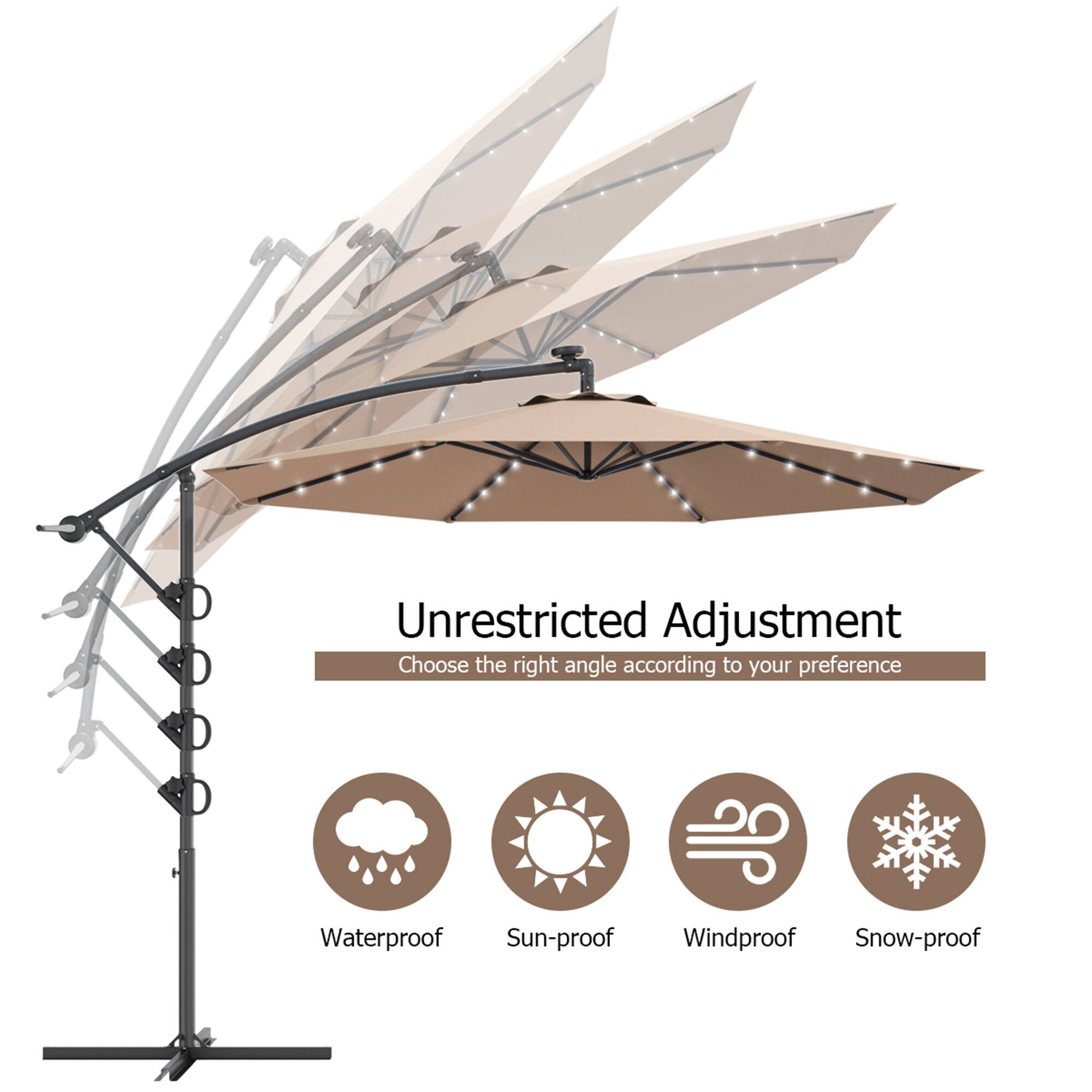Unrestricted Adjustment
Choose the right angle according to your preference
Waterproof
Sun-proof
Windproof
Snow-proof