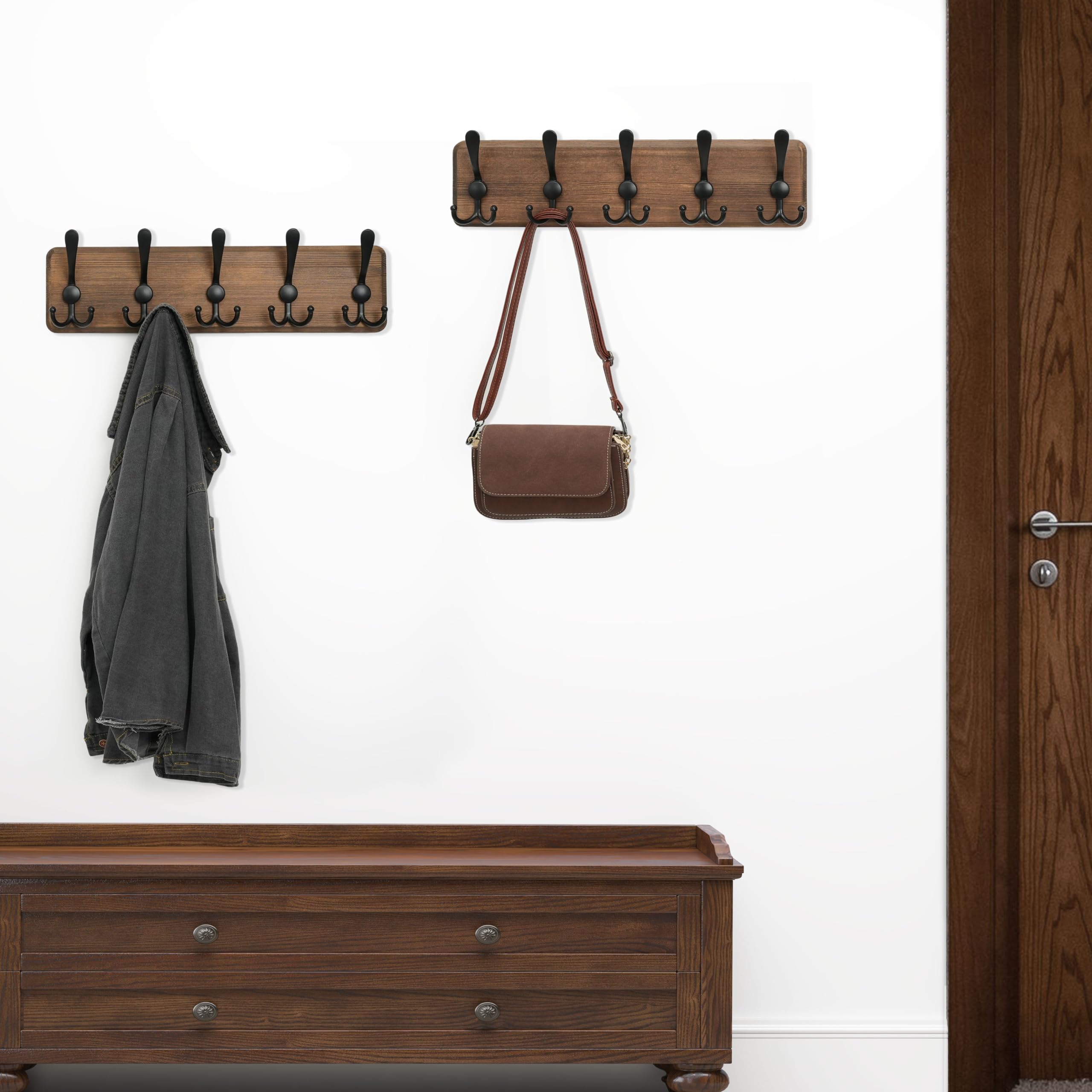 Left. HM 1810 - Rustic Coat Rack Wall Mount Solid Wood Hooks Mounted Hanger 16 Hole To Hook Rail 5 Triple For Hanging Coats... - White/White 10 Hooks.