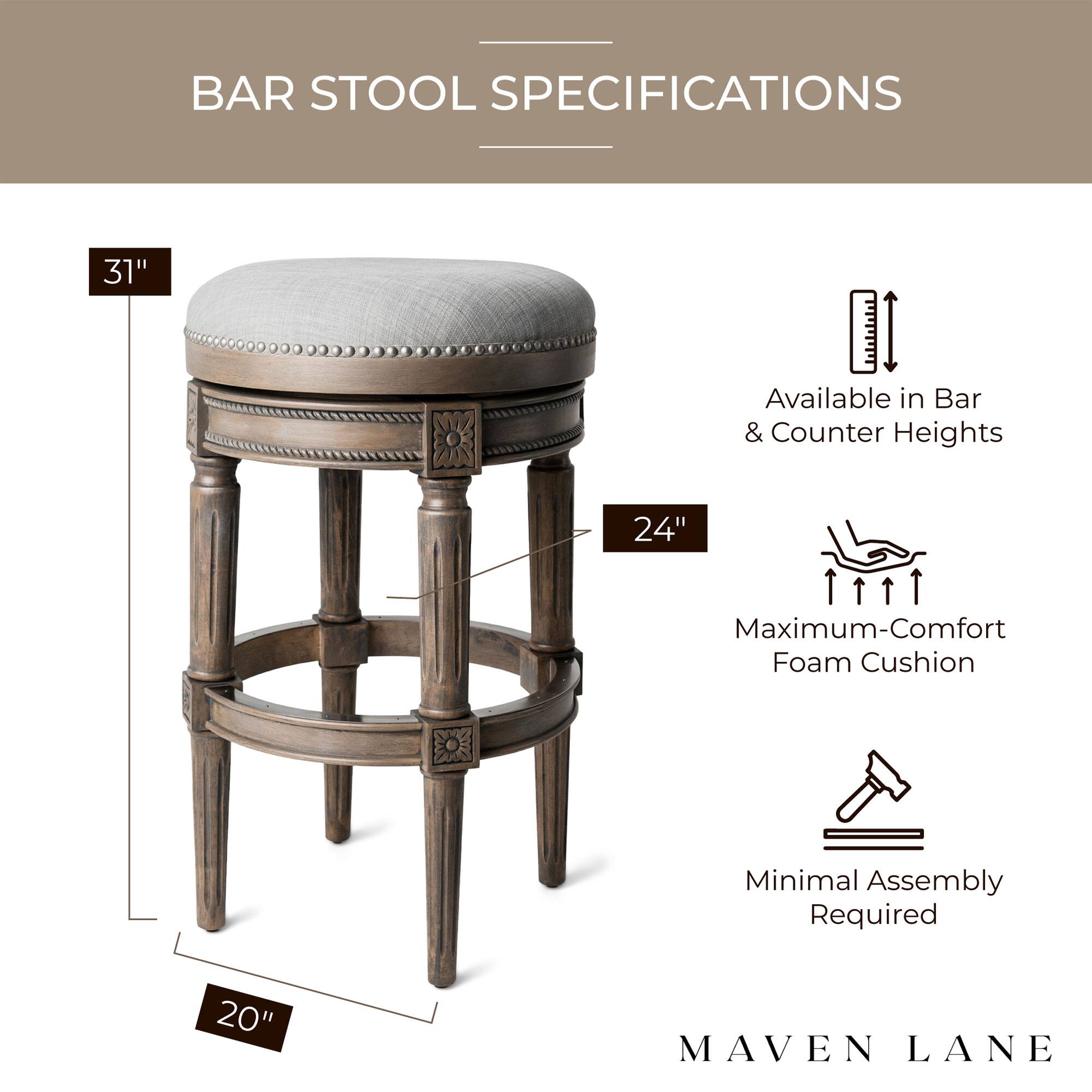 BAR STOOL SPECIFICATIONS

- 31" Height
- Available in Bar & Counter Heights
- 24" Seat Height
- Maximum-Comfort Foam Cushion
- Minimal Assembly Required
- 20" Base Diameter

MAVEN LANE