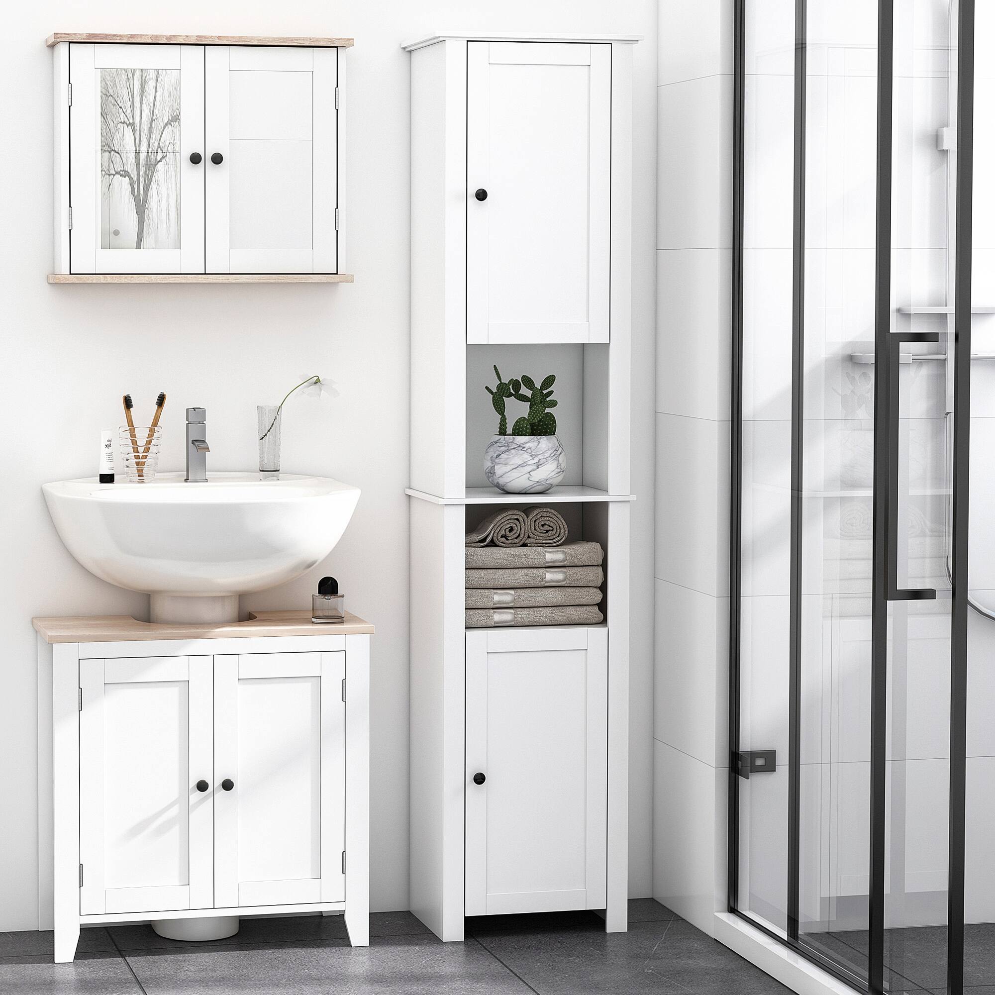 Alt View 1. Homcom - Tall Bathroom Storage Cabinet, Freestanding Linen Tower with 2-Tier Shelf and 2 Cabinets, Narrow Side Floor Organizer - white.