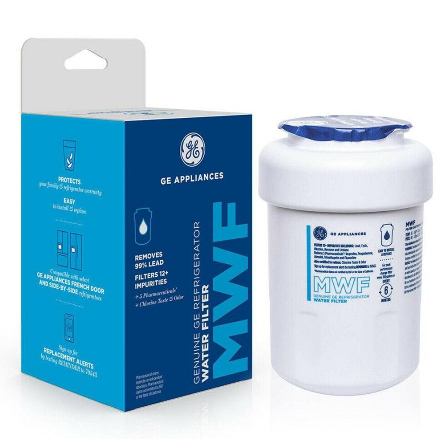 GE APPLIANCES  
GENUINE GE REFRIGERATOR WATER FILTER MWF  

PROTECTS your family & refrigerator currently  
EASY to install & replace  

Compatible with select GE APPLIANCES FRENCH DOOR AND SIDE-BY-SIDE REFRIGERATORS  

REMOVES 99% LEAD FILTERS 12+ IMPURITIES + 5 Pharmaceuticals + Chlorine Taste & Odor  

Sign up for REMINDER ALERTS by texting REMINDER to 20543  

GE APPLIANCES REMOVES 99% LEAD REFRIGERATOR FILTERS 12+ IMPURITIES MWF + 5 Pharmaceuticals + Chlorine Taste & Odor  

GE APPLIANCES GENUINE WATER FILTER MWF  

MWF  
GENUINE GE REFRIGERATOR WATER FILTER  

6 MONTHS