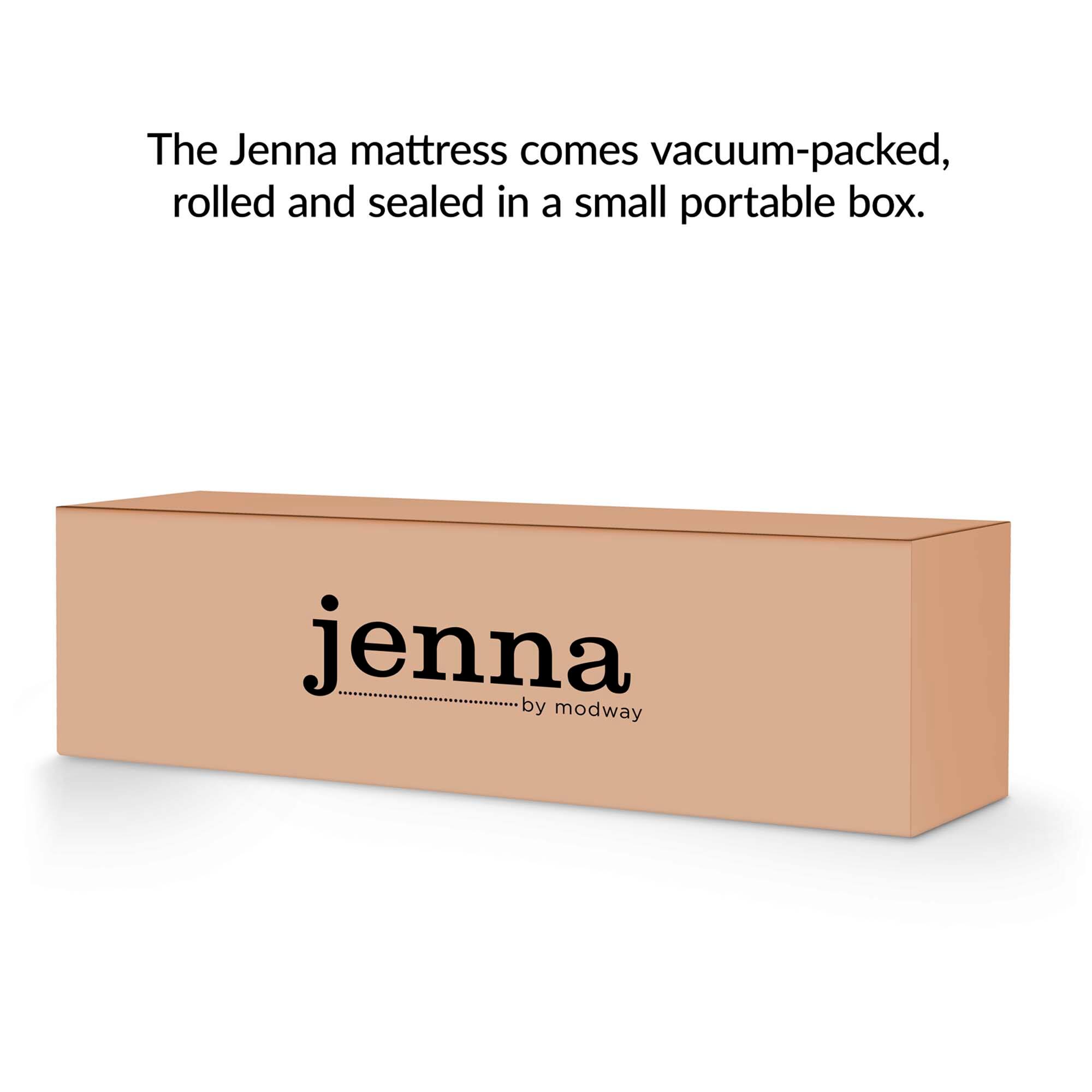 The Jenna mattress comes vacuum-packed, rolled and sealed in a small portable box.

jenna by modway