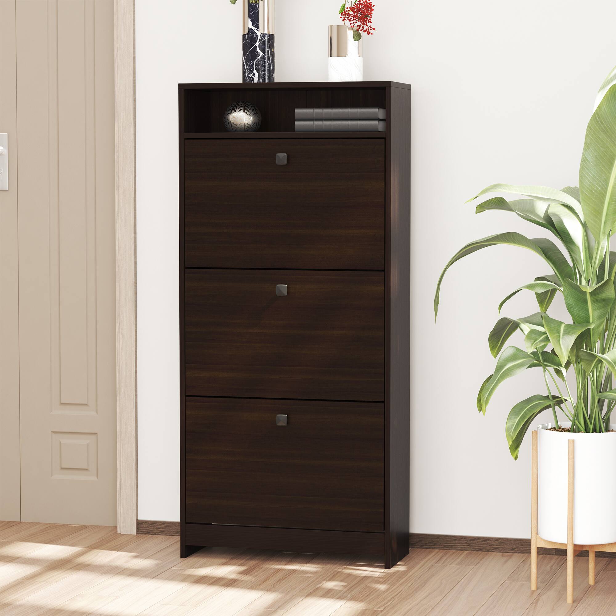 Alt View 1. Homcom - Slim Shoe Cabinet, Trendy Shoe Storage Cabinet with 3 Large Fold-Out Drawers & a Spacious Top Surface - Espresso.