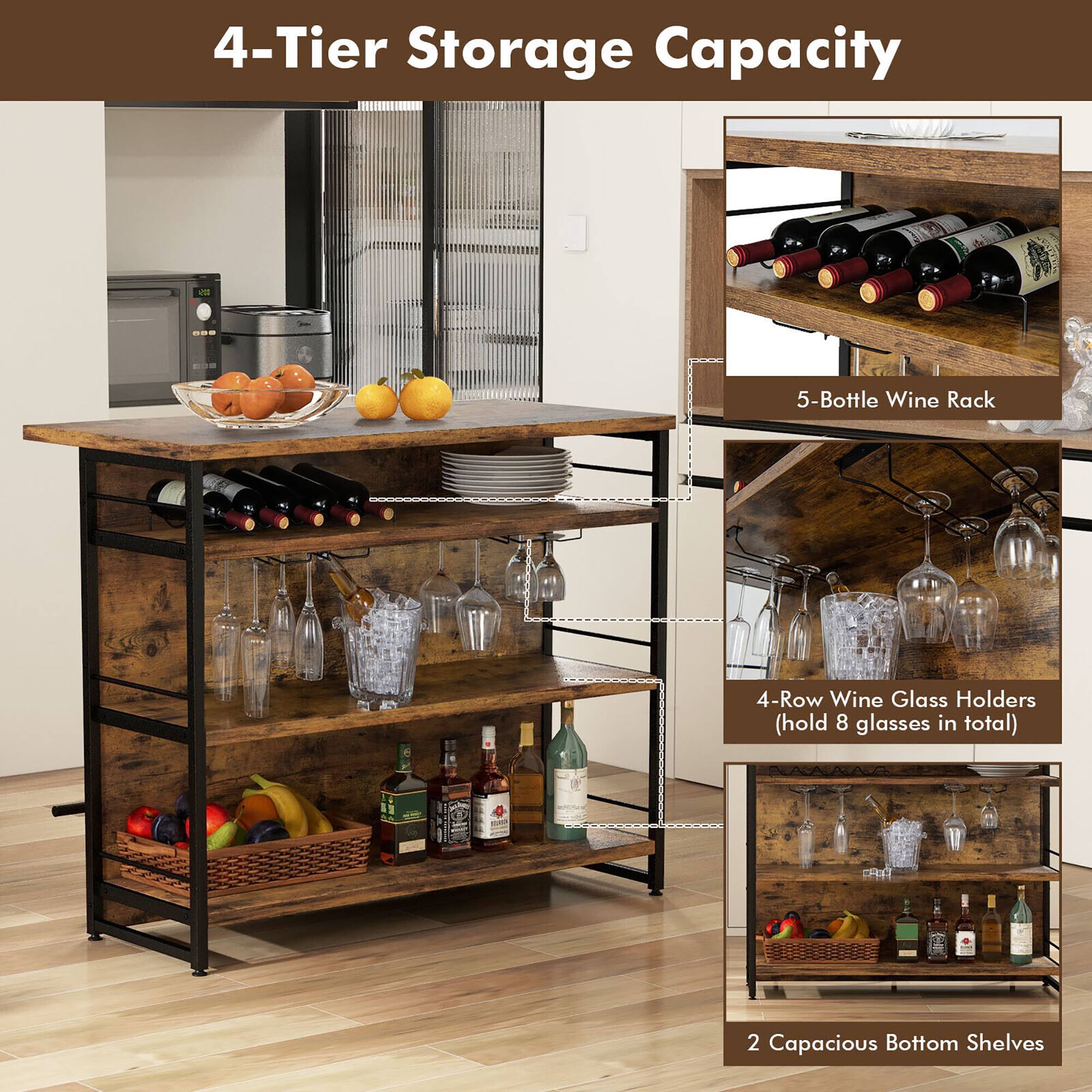 4-Tier Storage Capacity

- 5-Bottle Wine Rack
- 4-Row Wine Glass Holders (hold 8 glasses in total)
- 2 Capacious Bottom Shelves