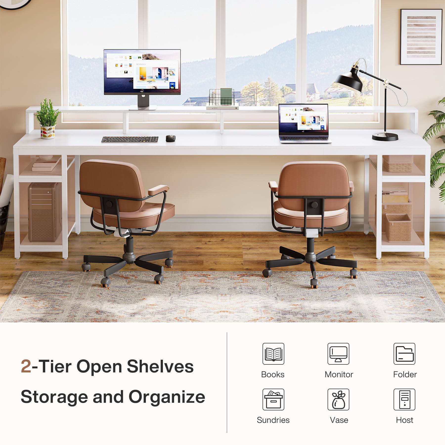 2-Tier Open Shelves Storage and Organize

Books  
Sundries  
Monitor  
Vase  
Folder  
Host