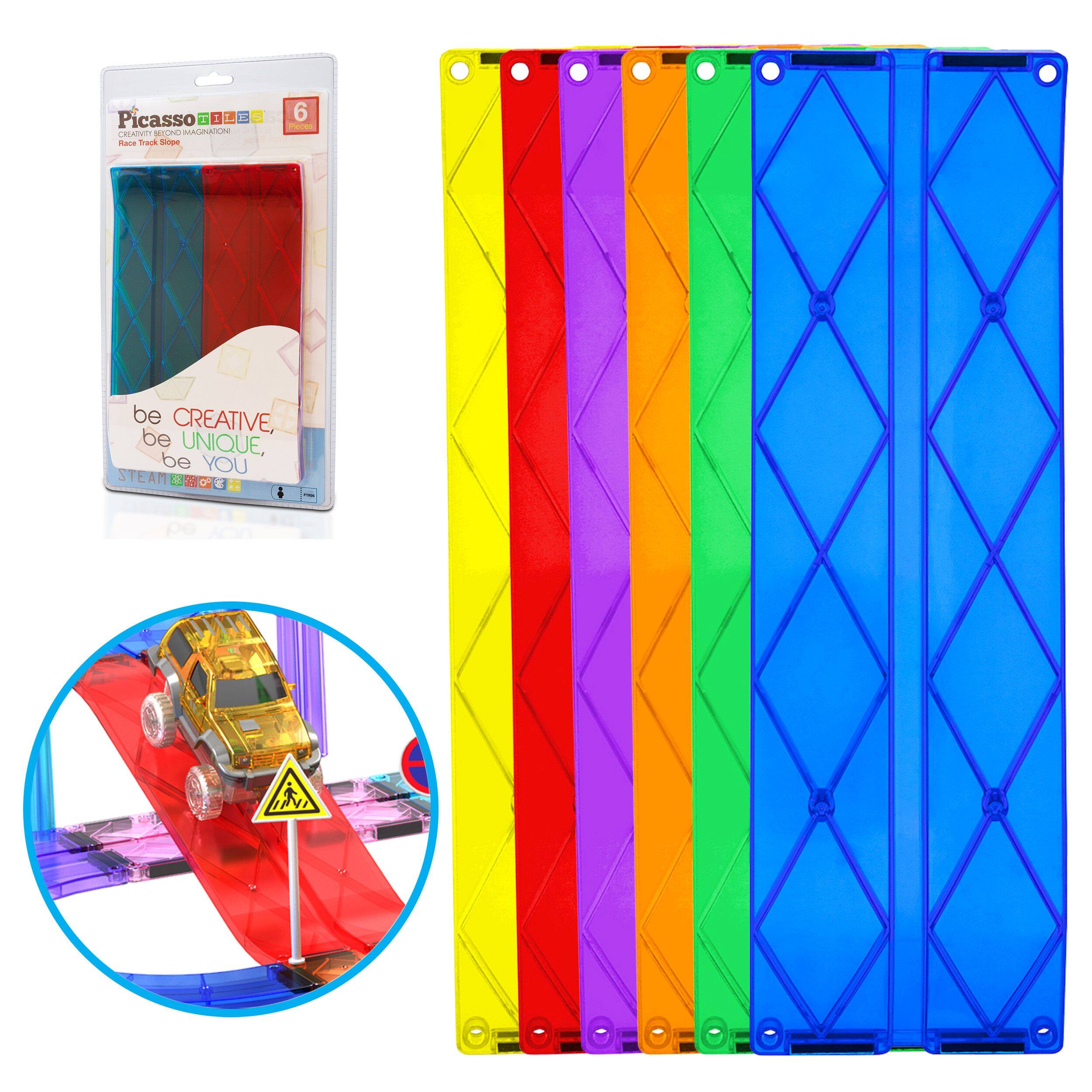 PicassoTiles - PICASSO-TILES Magnetic Tiles Race Track Add-Onn Expansion Set for Kids, Racing Ramp Extension STEM Toy, 6PCS - Multicolor