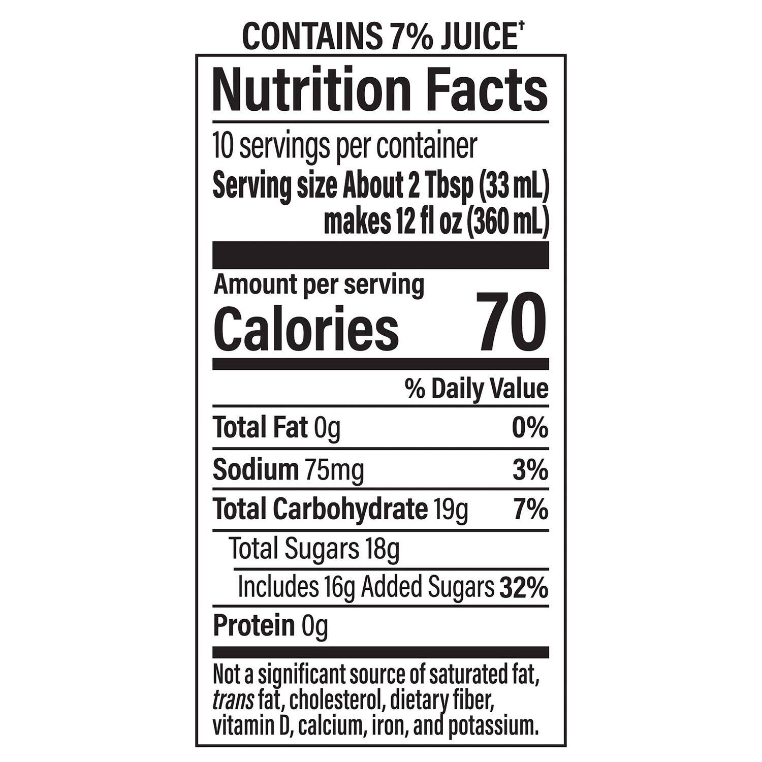 Nutrition Facts:

* 10 servings per container
* Serving size: About 2 Tbsp (33 mL) makes 12 fl OZ (360 mL)
* Calories: 70
* Total Fat: 0g (0% Daily Value)
* Sodium: 75mg (3% Daily Value)
* Total Carbohydrate: 19g (7% Daily Value)
* Total Sugars: 18g
* Protein: 0g (Not a significant source)
* Not a significant source of saturated fat, trans fat, cholesterol, dietary fiber, vitamin D, calcium, iron, and potassium.