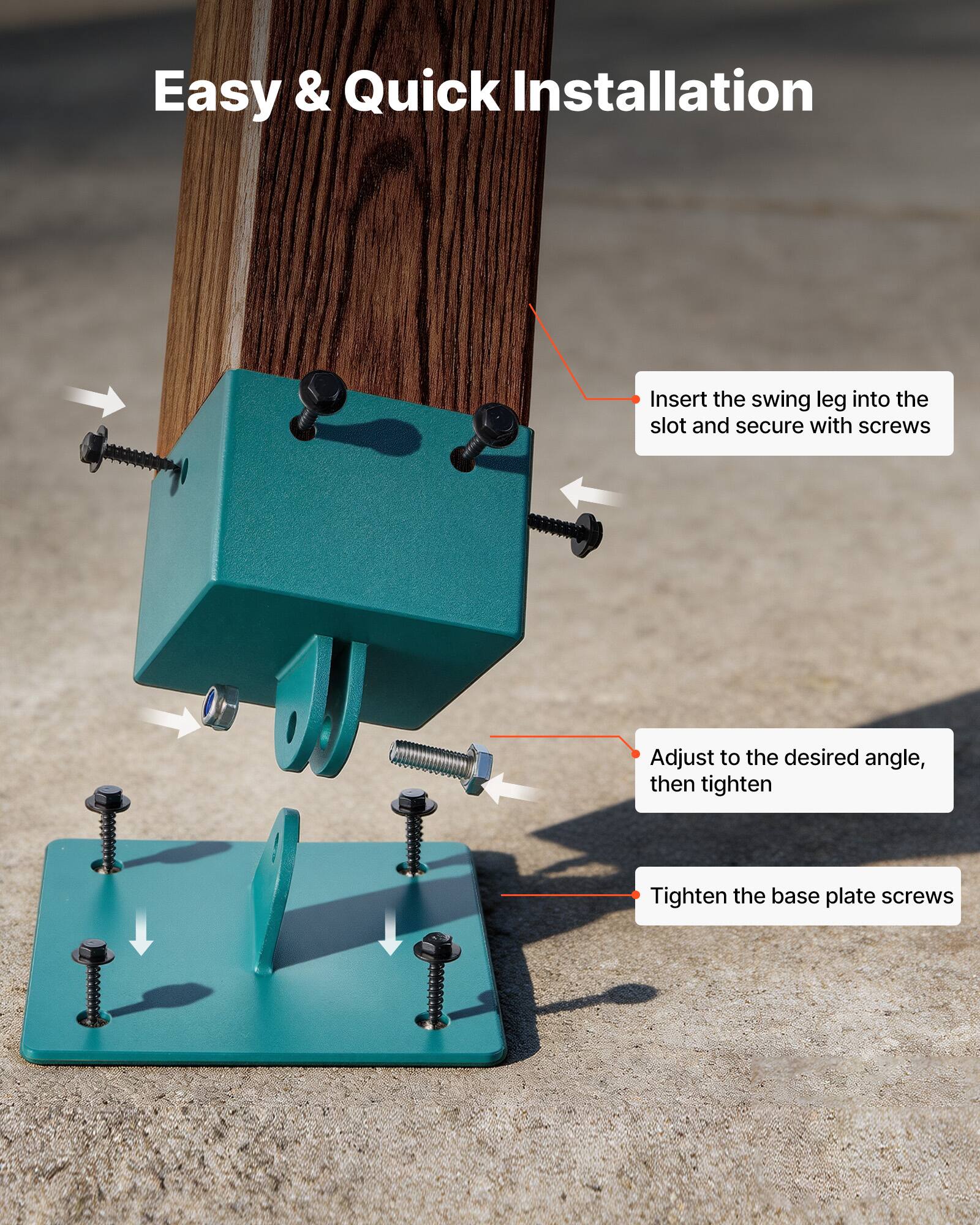 Easy & Quick Installation

1. Insert the swing leg into the slot and secure with screws
2. Adjust to the desired angle, then tighten
3. Tighten the base plate screws