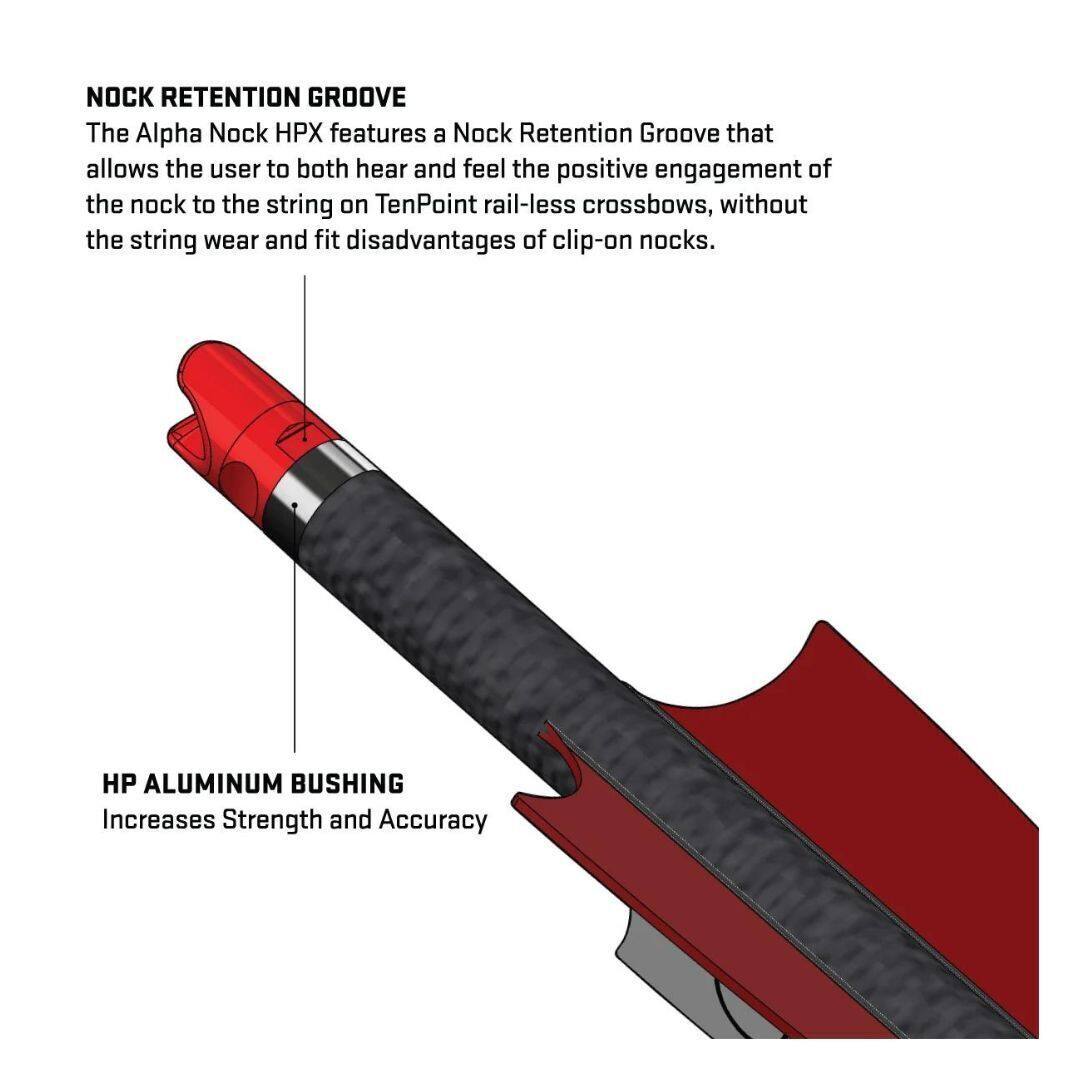 NOCK RETENTION GROOVE  
The Alpha Nock HPX features a Nock Retention Groove that allows the user to both hear and feel the positive engagement of the nock to the string on TenPoint rail-less crossbows, without the string wear and fit disadvantages of clip-on nocks.

HP ALUMINUM BUSHING  
Increases Strength and Accuracy