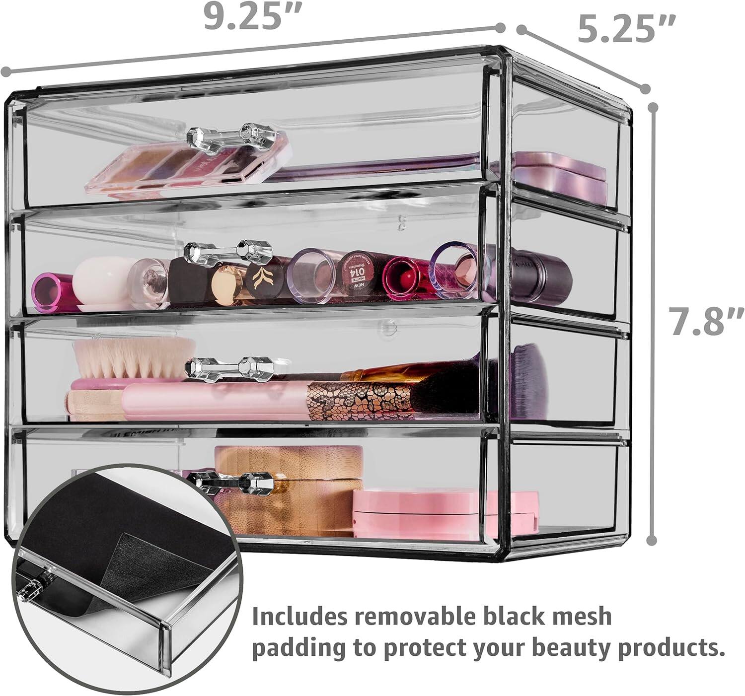 9.25" x 5.25" x 7.8"  
Includes removable black mesh padding to protect your beauty products.