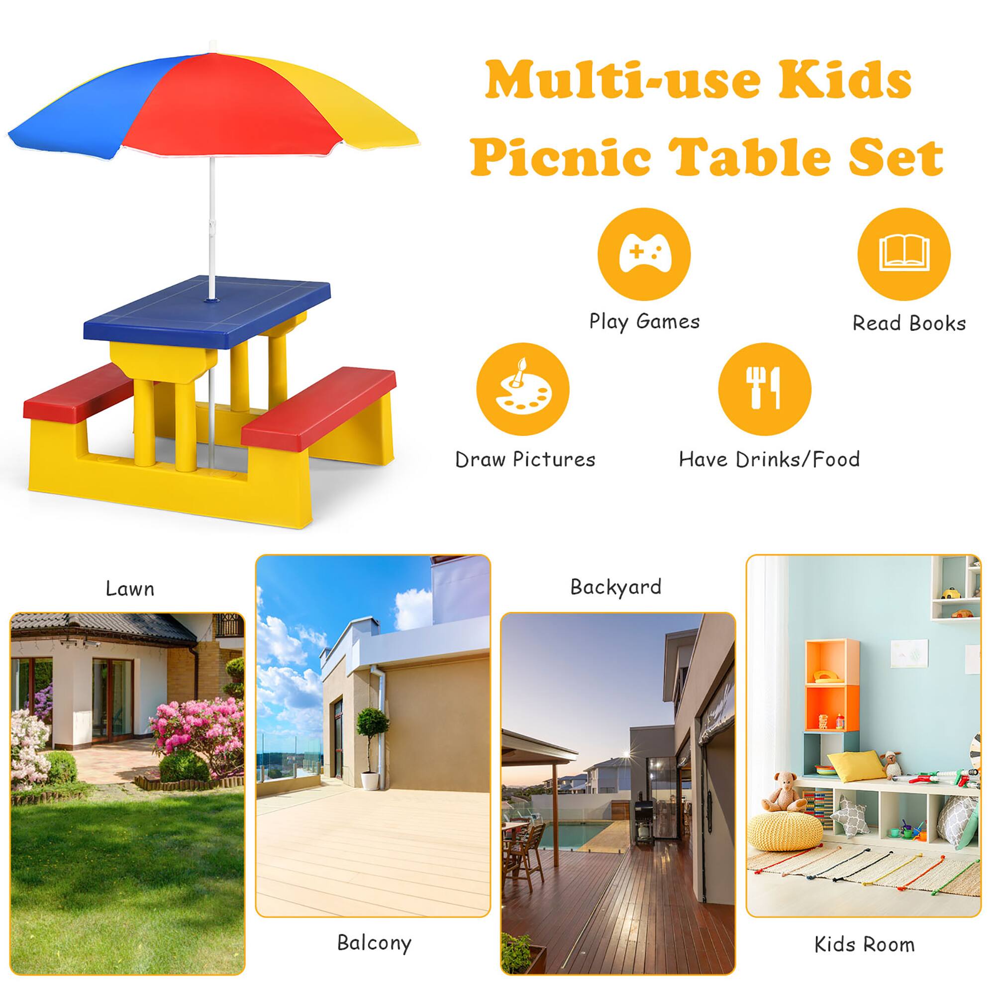 Multi-use Kids Picnic Table Set

- Play Games
- Read Books
- Draw Pictures
- Have Drinks/Food

Lawn
Balcony
Backyard
Kids Room