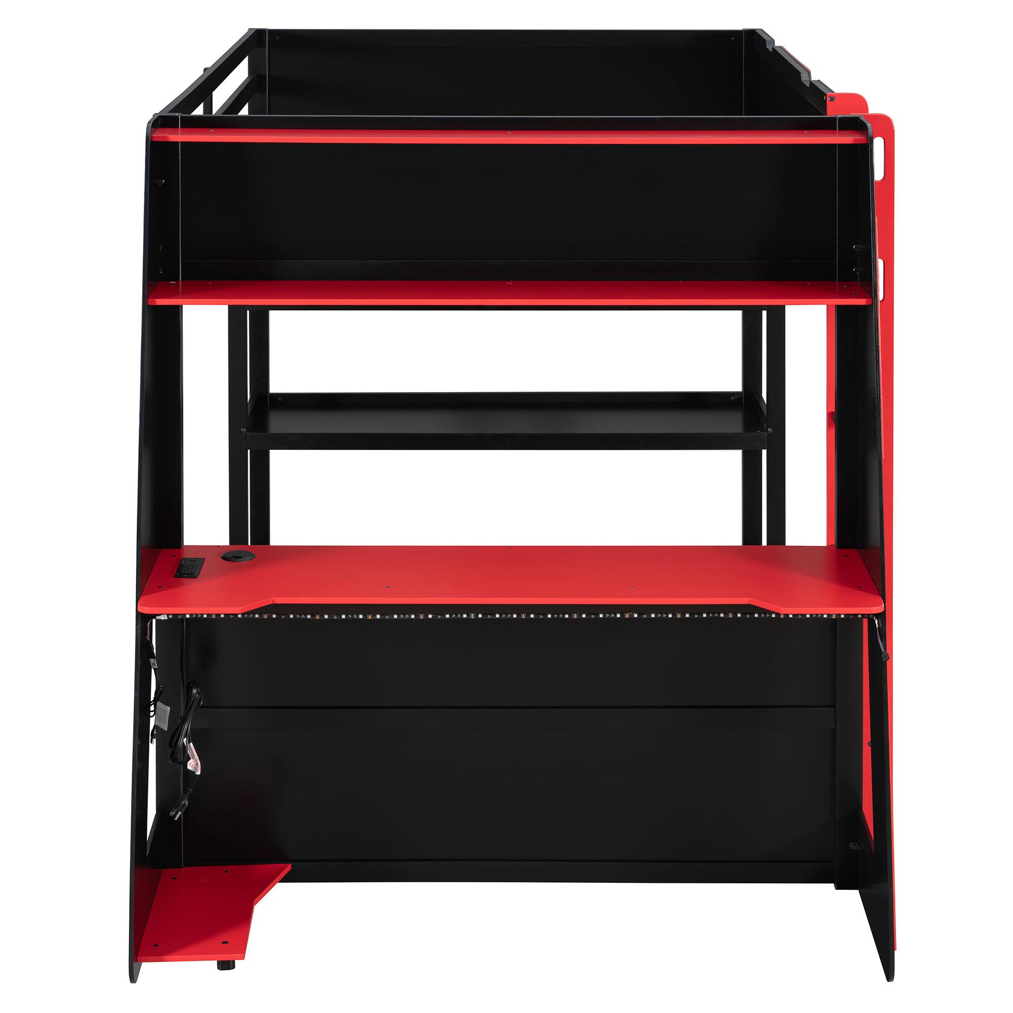 Alt View 9. Whisen - Full Size Loft Bed with Gaming Desk, Built-in Shelves, Power Station & LED Lights for Bedroom - Black|Red.