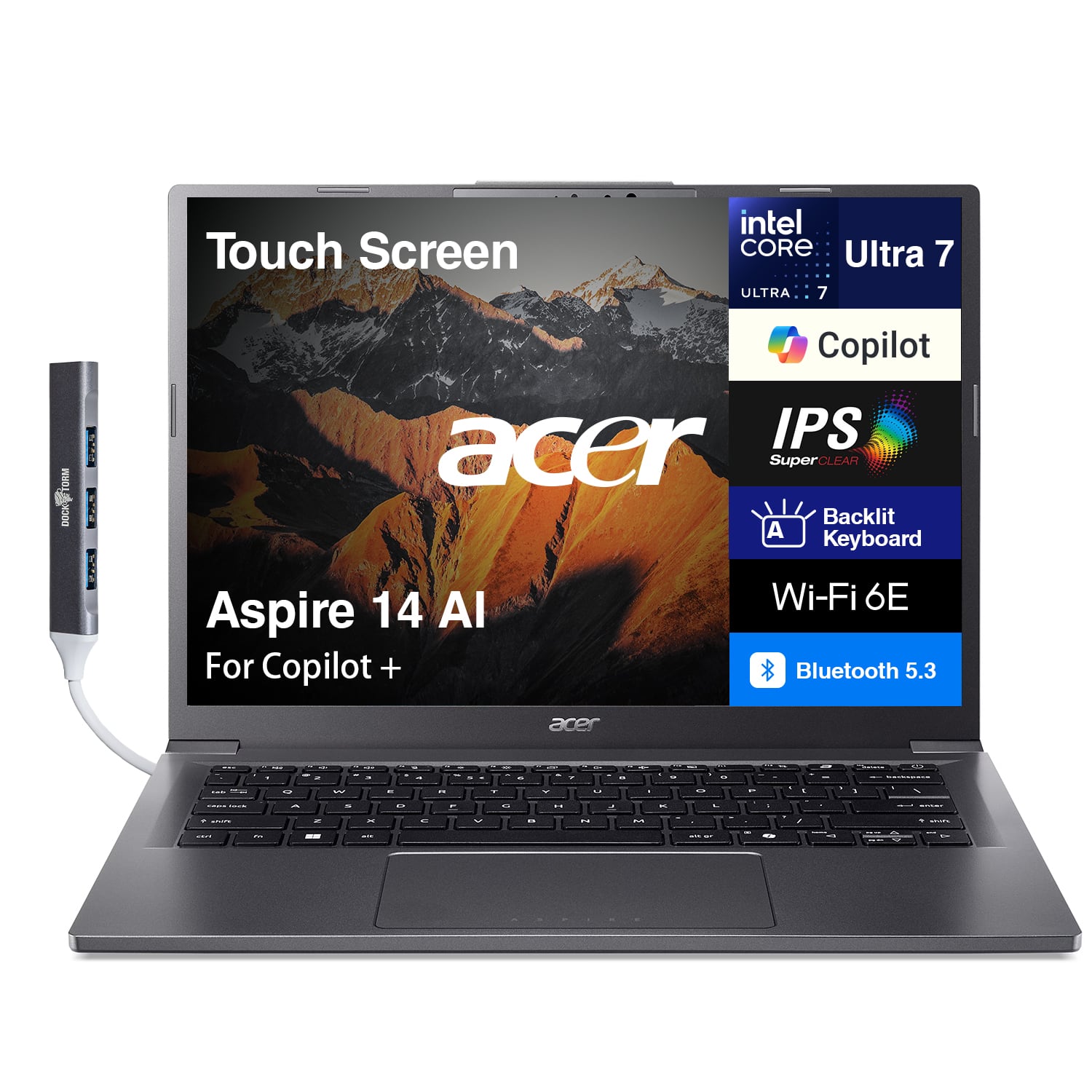 Acer - Aspire 14 AI Laptop 14.0 WUXGA (Intel Ultra 7-258V, 32GB LPDDR5X, 2TB PCIe SSD, Win 11 Pro) w/USB Hub - Steel Gray