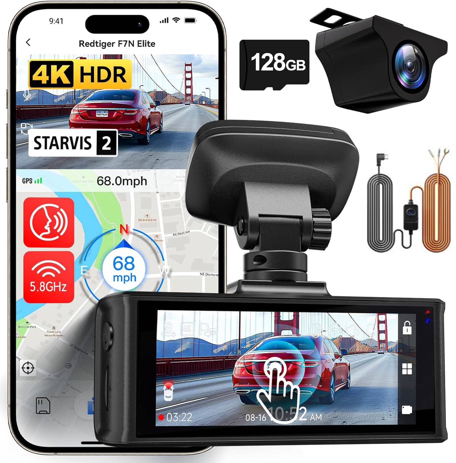 REDTIGER - 4K Dash Cam Front and Rear with WDR, STARVIS 2, 5.8GHz WiFi, 3.18" Touchscreen, Voice Control, 128G, GPS - Black