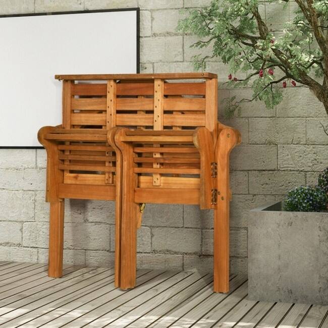 Back. Hivvago - FarmHome Folding 2 Seater Garden Eucalyptus Bench - Brown.
