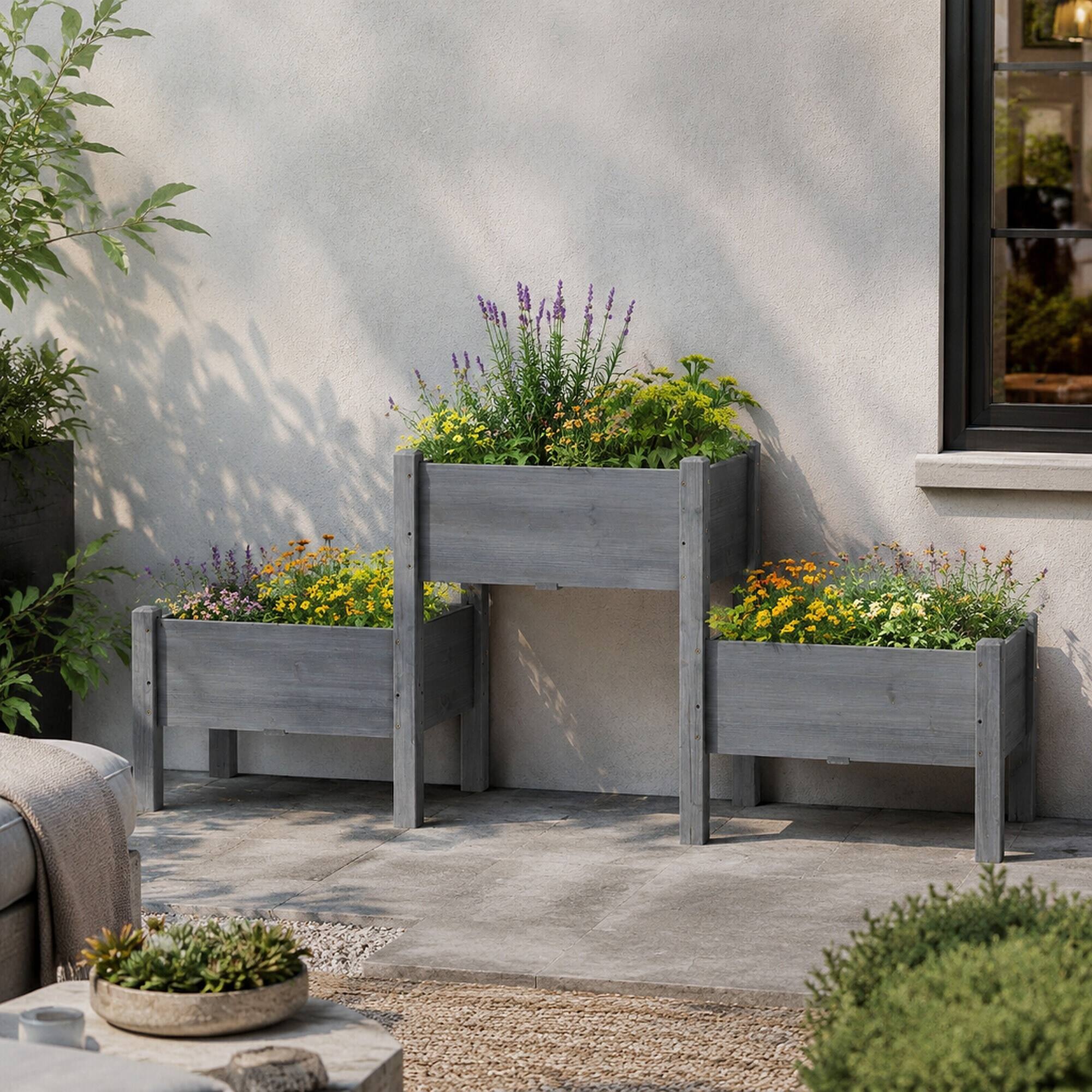 Left. RYHNUYNE - Outsunny Raised Garden Bed with 3 Planter Box, Elevated Fir Wood Plant Stand with Drainage Holes for Vegetables - Gray.