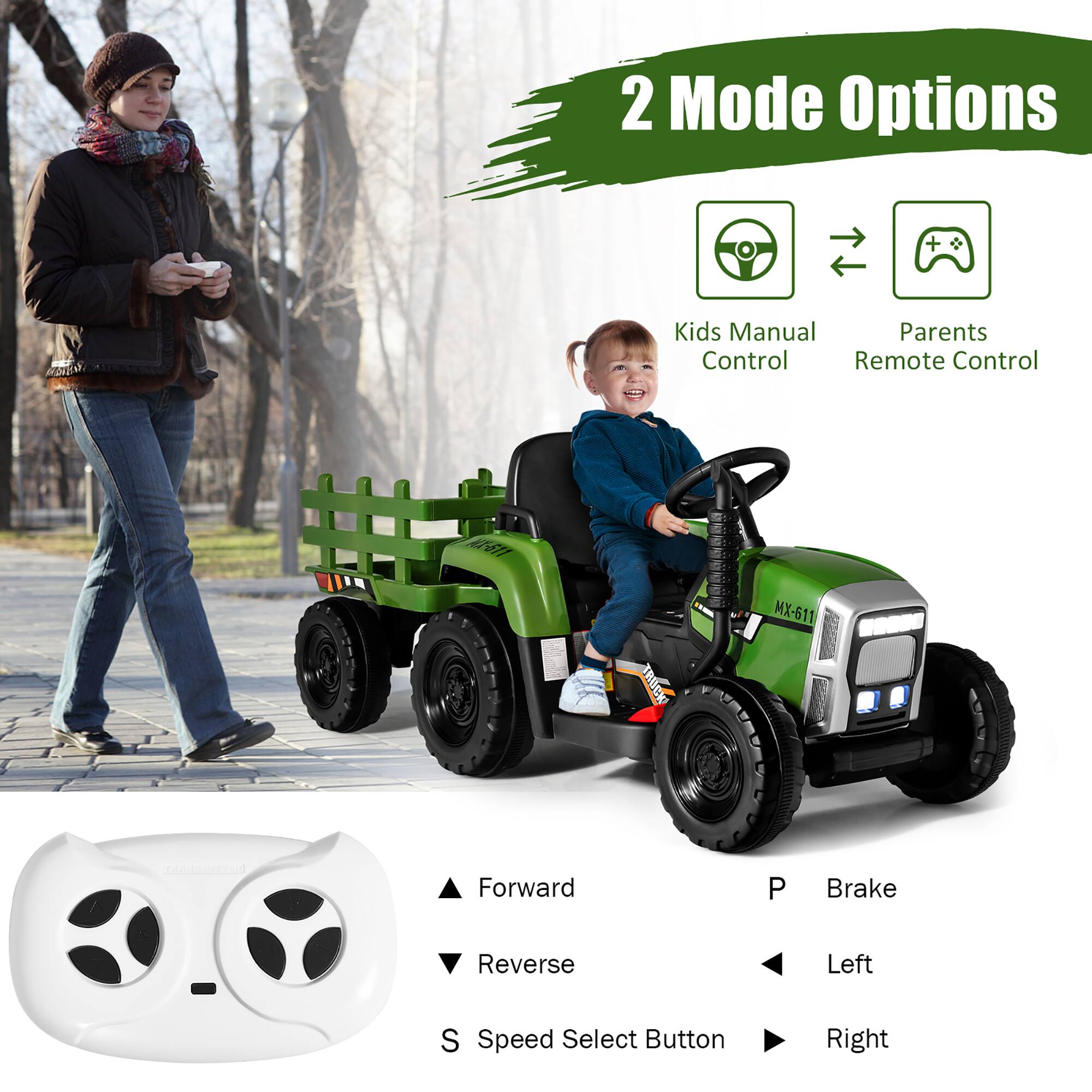 2 Mode Options

Kids Manual Control  
Parents Remote Control

Forward  
Reverse  
Left  
Right  
P Brake  
S Speed Select Button