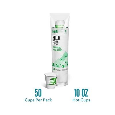Perk Hello Eco!  
Compostable Paper Hot Cups  
50 Cups Per Pack  
10 OZ Hot Cups