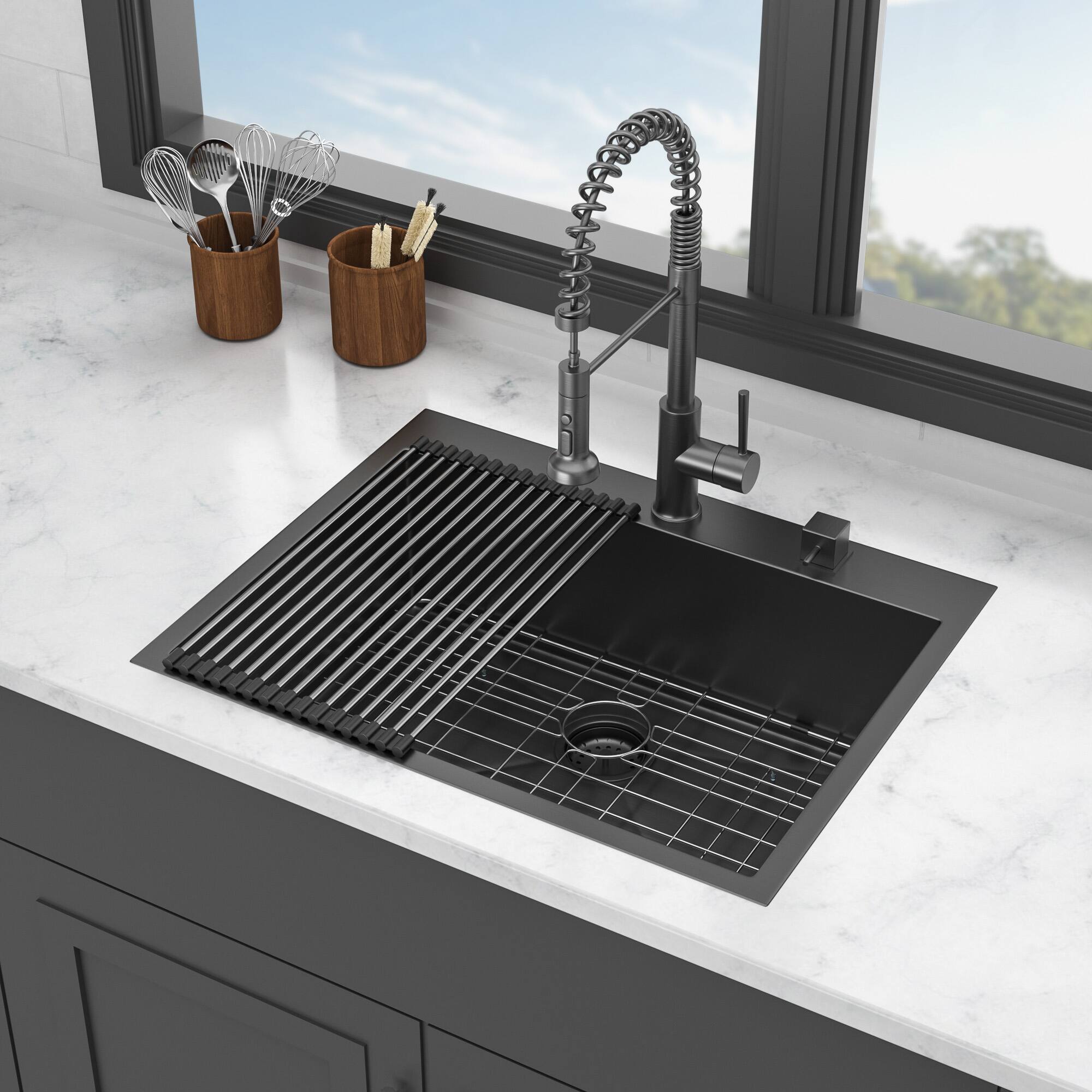 Left. Siljoy - Gunmetal Black Drop in Kitchen Sink, 28 x 22 x 10 inch Topmount 16 Gauge Deep Single Bowl Stainless Steel Sink Basin - Gunmetal Black.