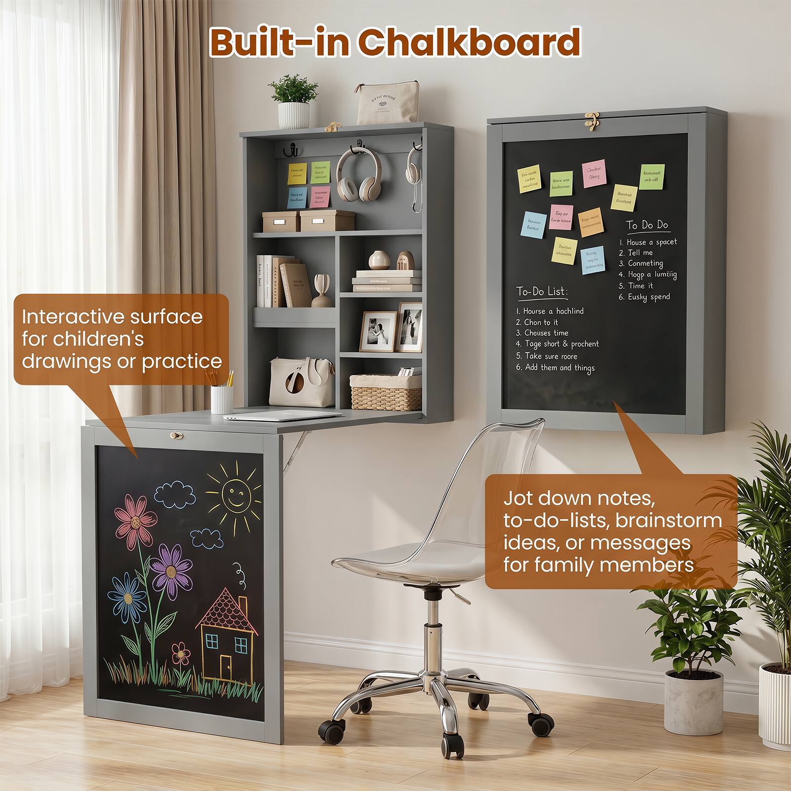Built-in Chalkboard

Interactive surface for children's drawings or practice

To Do List:
1. House a hachlind
2. Chont to I
3. Chouses time
4. Toge short & prochent
5. Take sure more d.

Add them and things

To Do:
1. House a spacet
2. Tell me
3. Conmeting
4. Hogp
5. Time it
6. Eusky spend

Jot down notes, to-do-lists, brainstorm ideas, or messages for family members