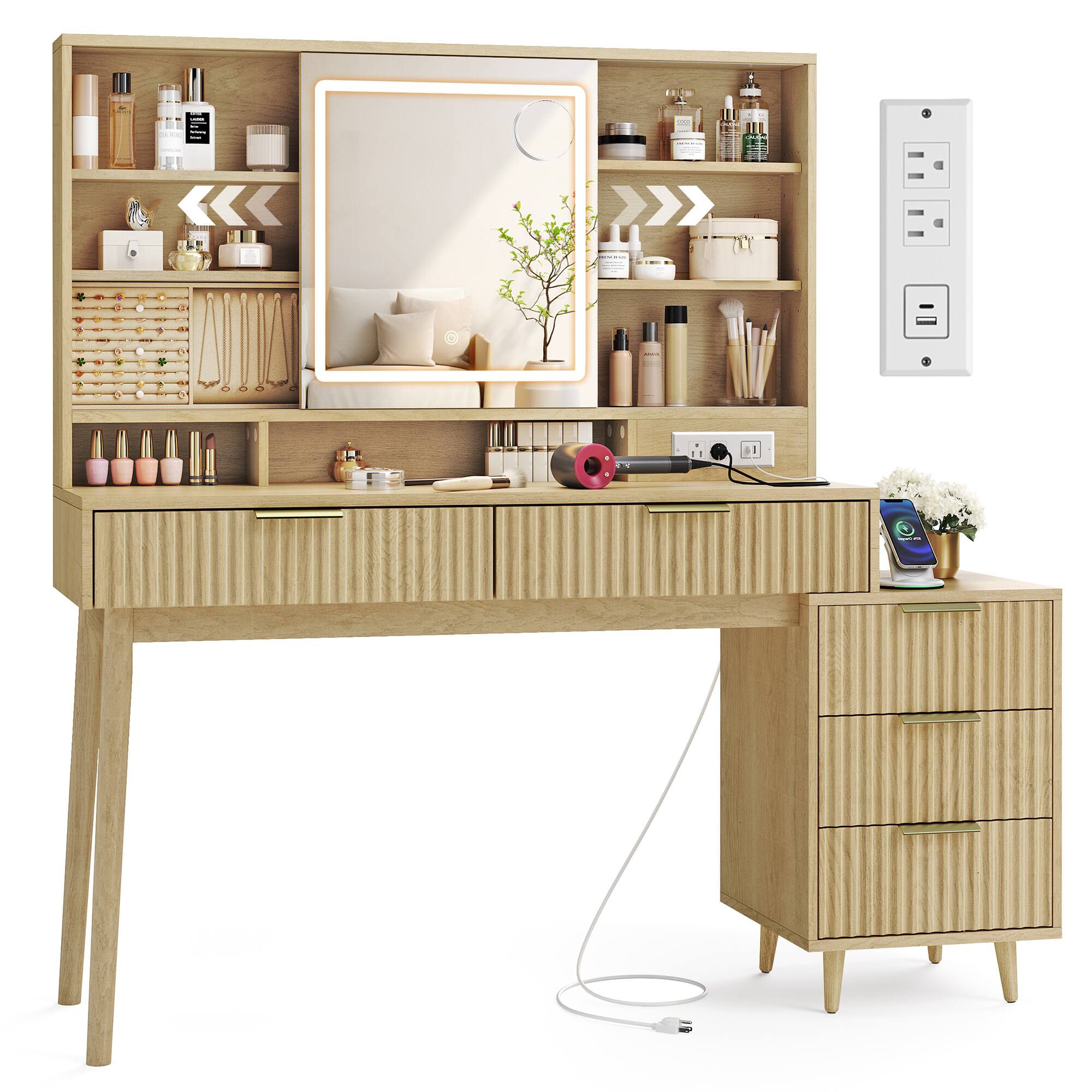 Front. Songmics Home - Vanity Desk with Sliding Mirror and Lights, Mid Century Modern Fluted Makeup Vanity with 10x Magnifying Mirror - Oak Beige.