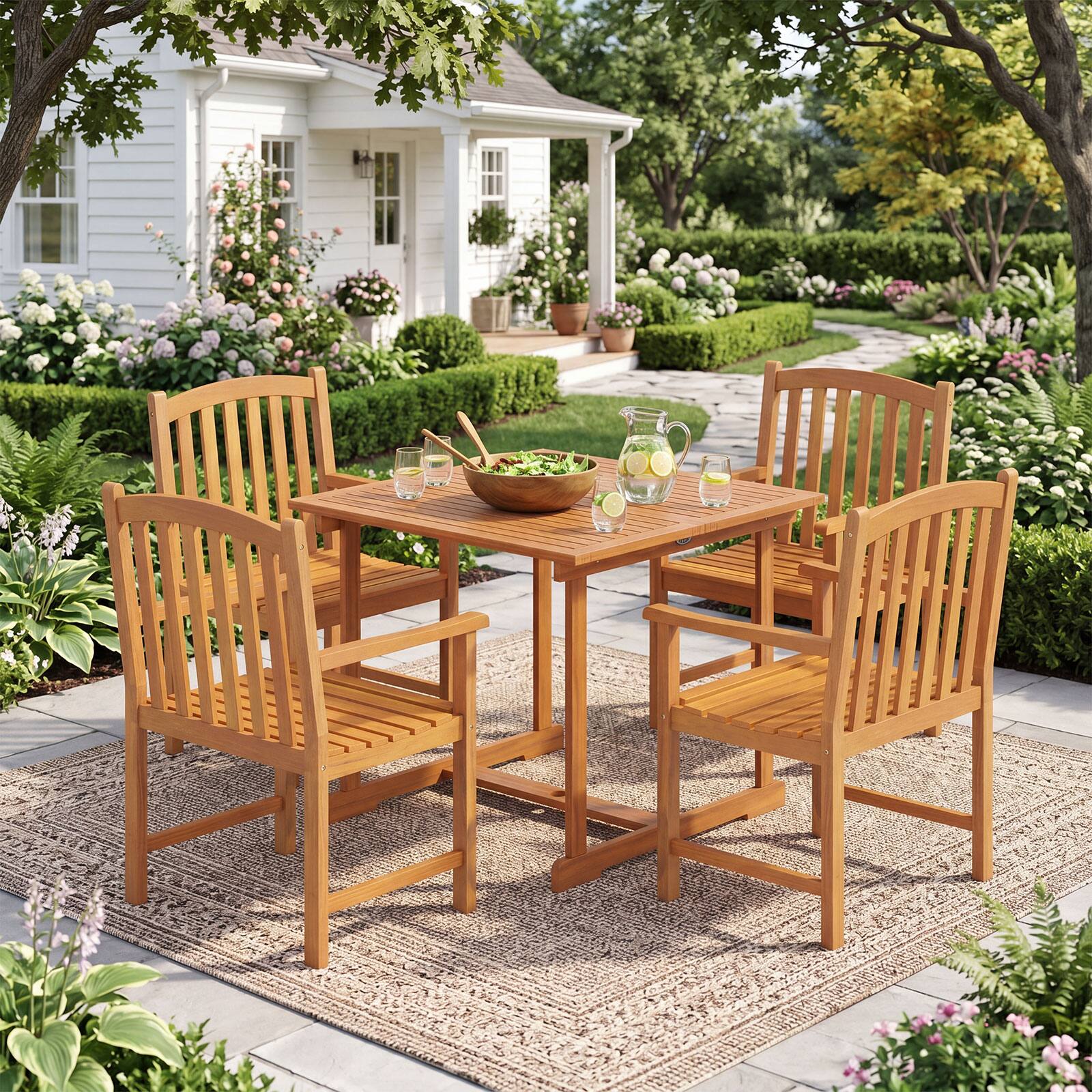 Alt View 5. Gymax - Gymax 35.5'' Acacia Wood Outdoor Dining Table for 4 w/Umbrella Hole Reinforced Crossbar - Yellow.
