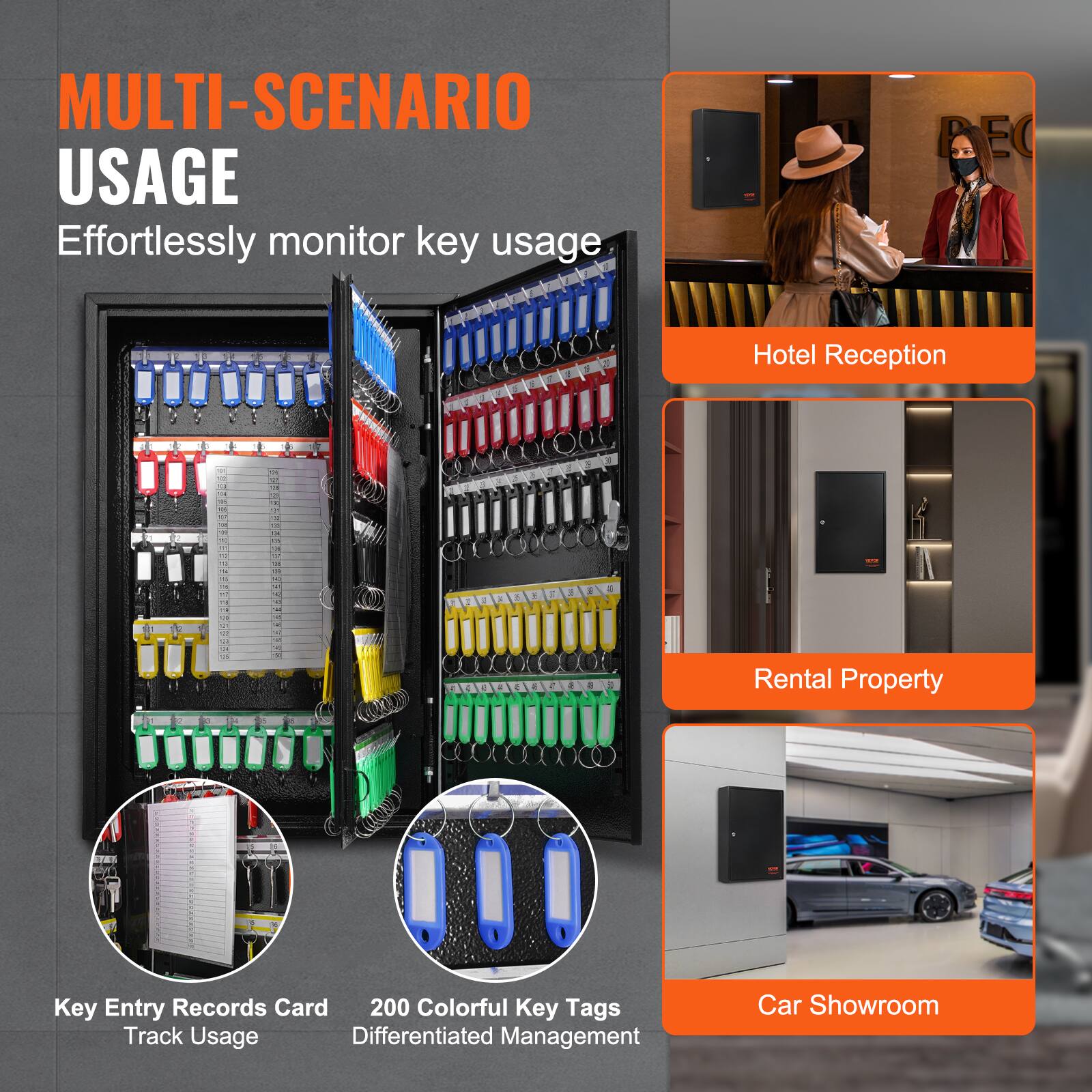 MULTI-SCENARIO USAGE  
Effortlessly monitor key usage  

- Hotel Reception  
- Rental Property  
- Car Showroom  

Key Entry Records Card  
Track Usage  

200 Colorful Key Tags  
Differentiated Management