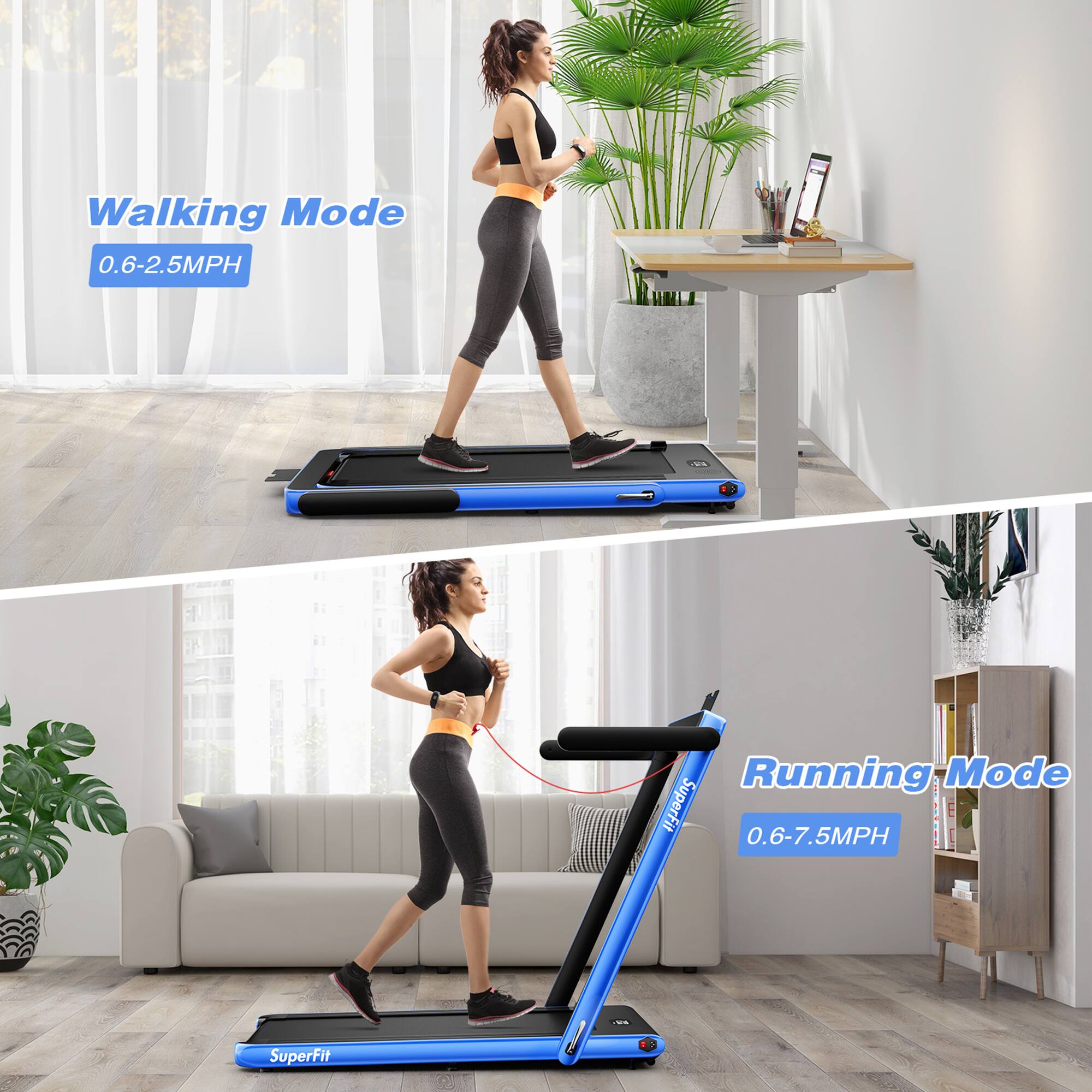 Walking Mode  
0.6-2.5MPH  

Running Mode  
0.6-7.5MPH  

SuperFit