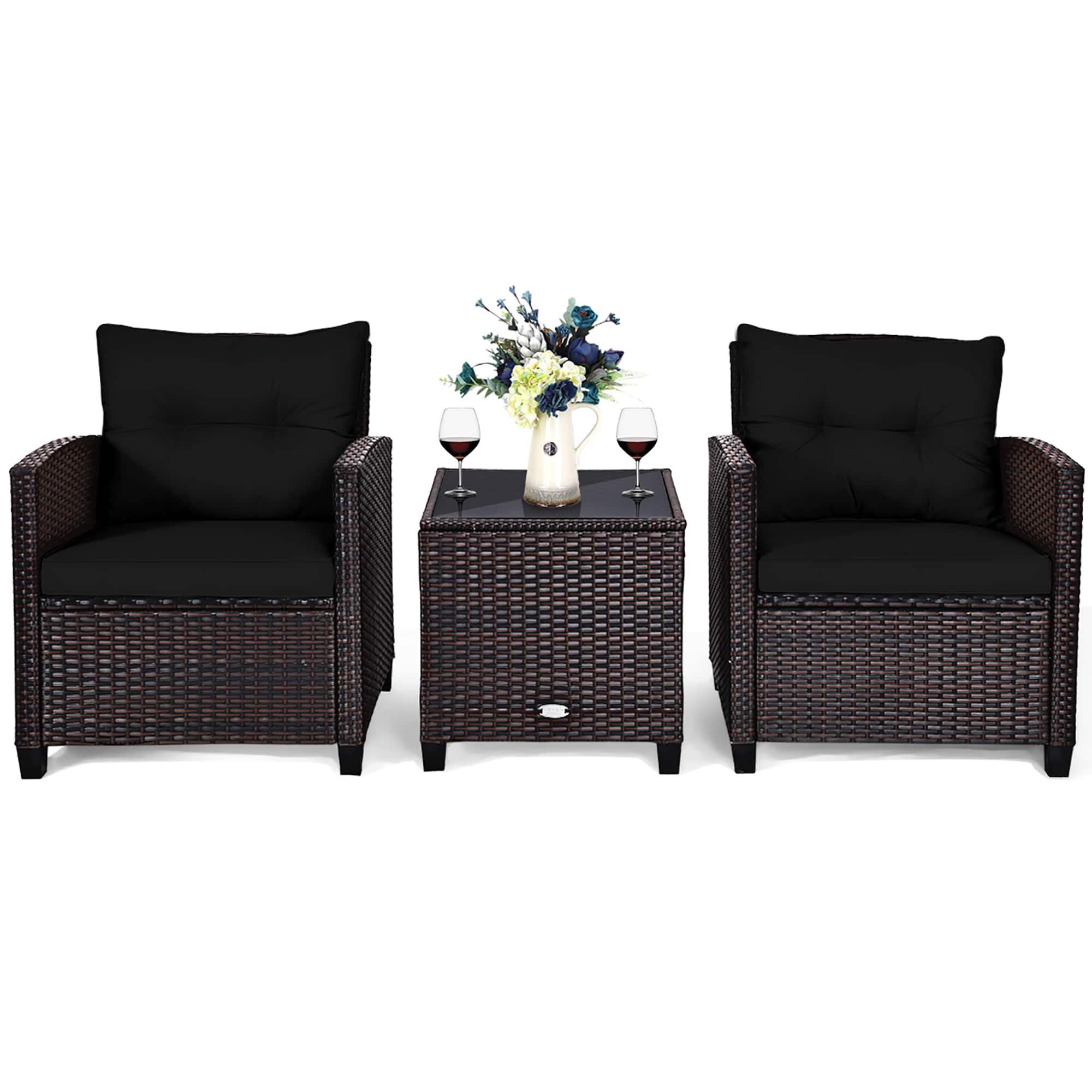 Front. Costway - 3PCS Patio Rattan Furniture Set Cushion Conversation Set Sofa Coffee Table - Black.