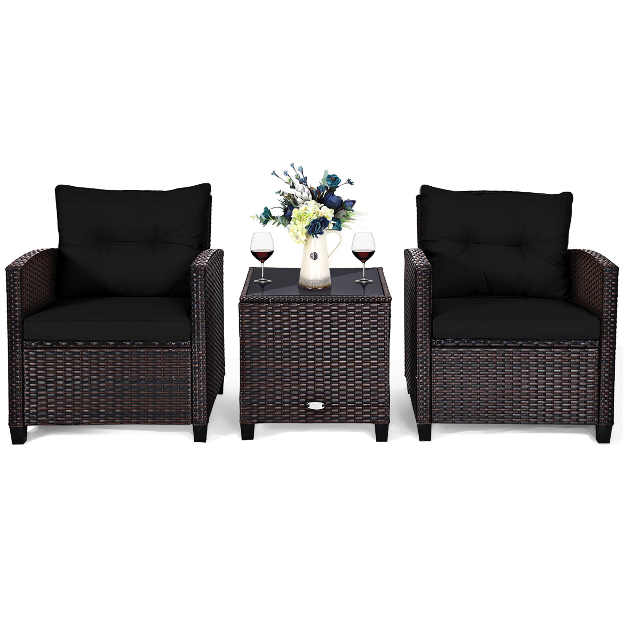 Costway - 3PCS Patio Rattan Furniture Set Cushion Conversation Set Sofa Coffee Table - Black