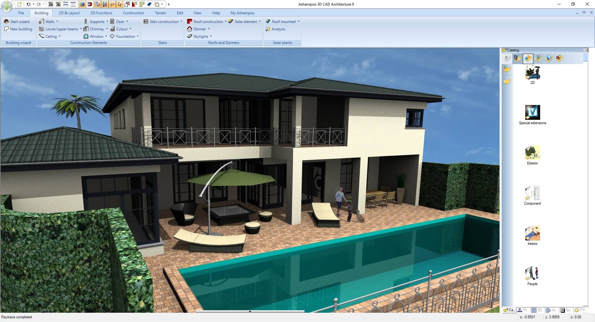 Ashampoo 3D CAD Architecture 9

File
- New
- Open
- Save
- Save as
- Print
- Export
- Import
- Close

2D Layout
- Building wizard
- Walls
- Supports
- Door
- Lower/upper beams
- Chimney
- Cutout
- Ceiling
- Window
- Foundation

Construction
- Construction Elements
- Stair construction
- Stairs
- Roof construction
- Solar element
- Roofs and Dormers
- Roof mounted
- Analysis
- Solar plants

Terrain
- Edit

View

Help

My Ashampoo

Start wizard
- New building

Building wizard
- Walls
- Supports
- Door
- Lower/upper beams
- Chimney
- Cutout
- Ceiling
- Window
- Foundation

Construction Elements
- Stair construction
- Stairs
- Roof construction
- Solar element
- Roofs and Dormers
- Roof mounted
- Analysis
- Solar plants

Special extensions
- Exterior
- Component
- Interior
- People

2D
- Ar
- Du
- PV
- Raytrace

Completed
- K -0.8501
- F