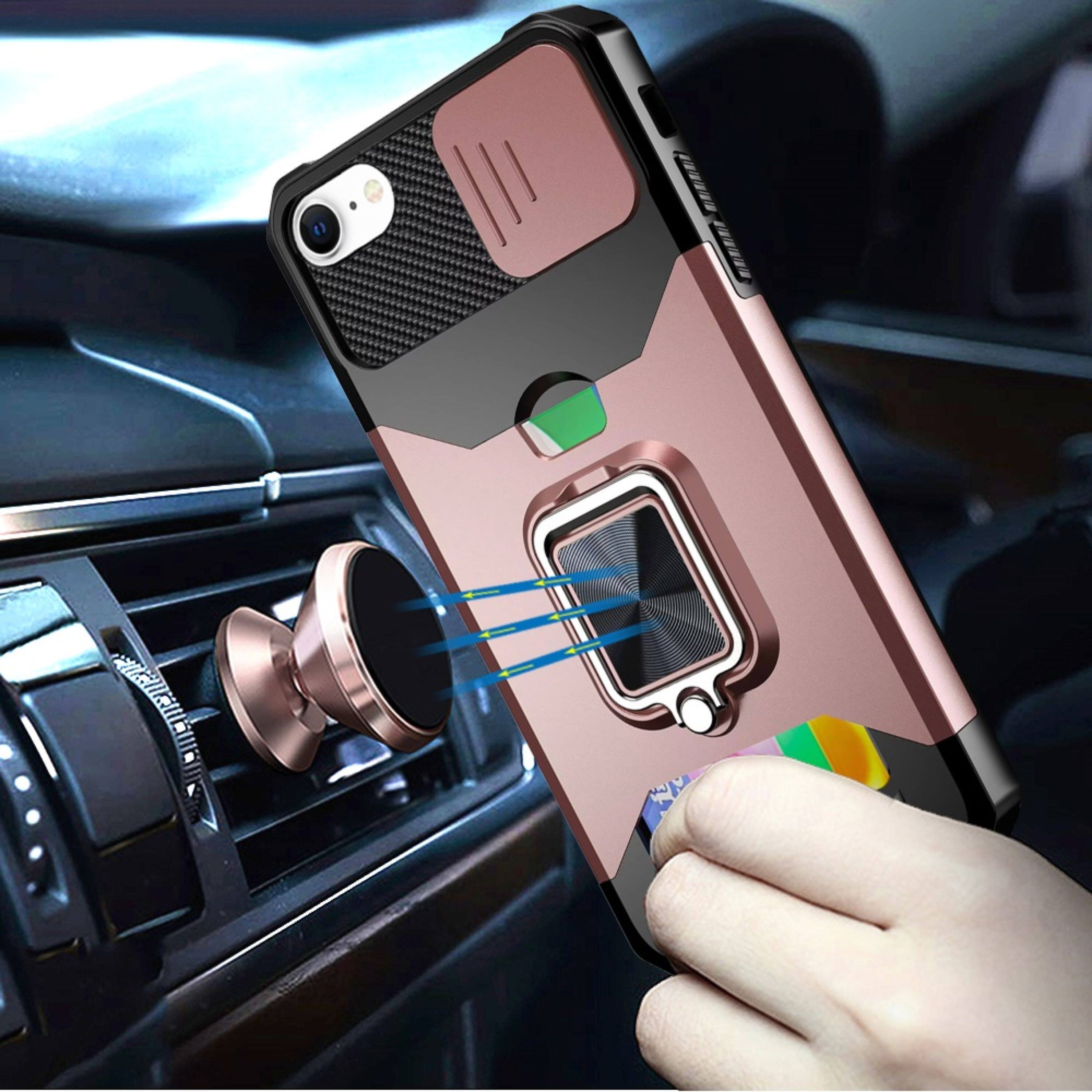 Angle. Kitcheniva - Rugged Multi-Use Card Magnetic Ring Stand Cover Phone Case With Tempered Glass For iPhone 16e/17e - Rose Gold.