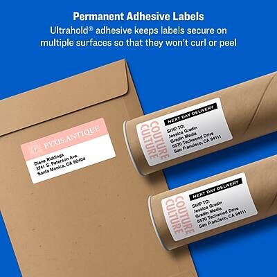 Permanent Adhesive Labels  
Ultrahold® adhesive keeps labels secure on multiple surfaces so that they won't curl or peel  

PYXIS ANTIQUE  
Diane Peterson  
3741 Riddings Ave.  
Santa Monica, CA 90404  

SHIP TO:  
Jessica Media Drive  
Gradin  
5570 Francisco, San Francisco, CA 94111  
DELIVERY DAY NEXT DAY  

CULTURE COUTURE  
SHIP TO: Gradin  
Jessica Media Drive  
5570 Francisco, San Francisco, CA 94111  
DELIVERY DAY NEXT DAY