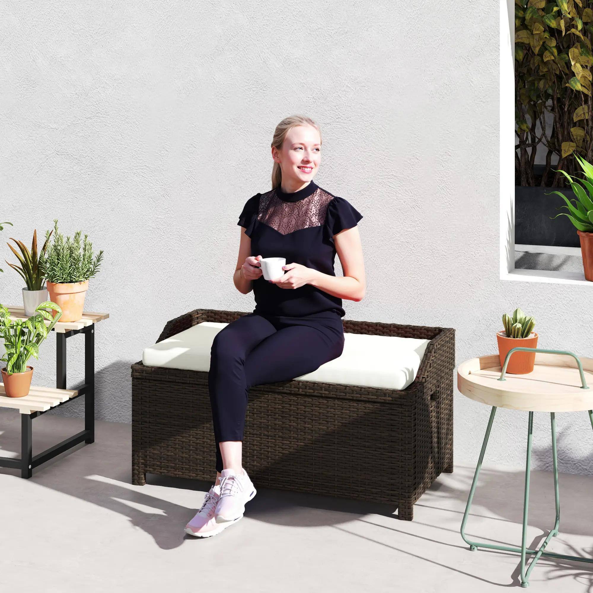 Alt View 7. Resenkos - Resenkos Outdoor Wicker Bench with Storage, Patio Storage Bench with Cushion, Outdoor Bench for Home Garden,Cream White - Cream White.