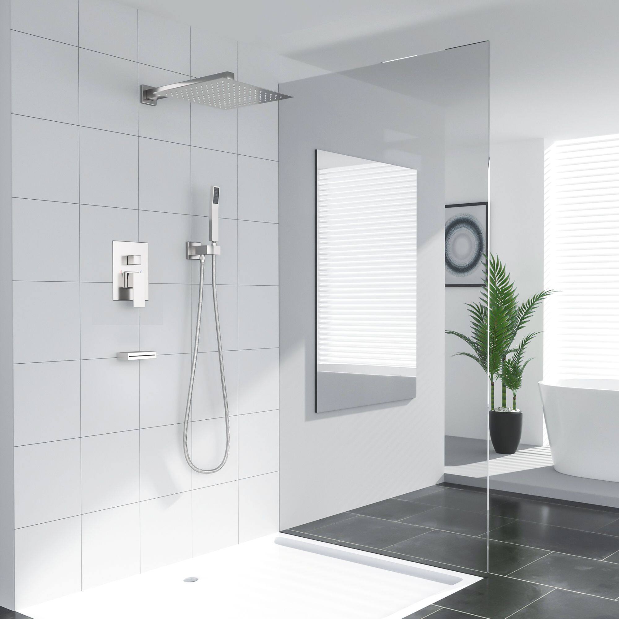 Angle. Lordear - Shower System with Waterfall Tub Spout,12 Inch Wall Mounted Square Shower System with Rough-in Valve,Brushed Nickel - Brushed Nickel.