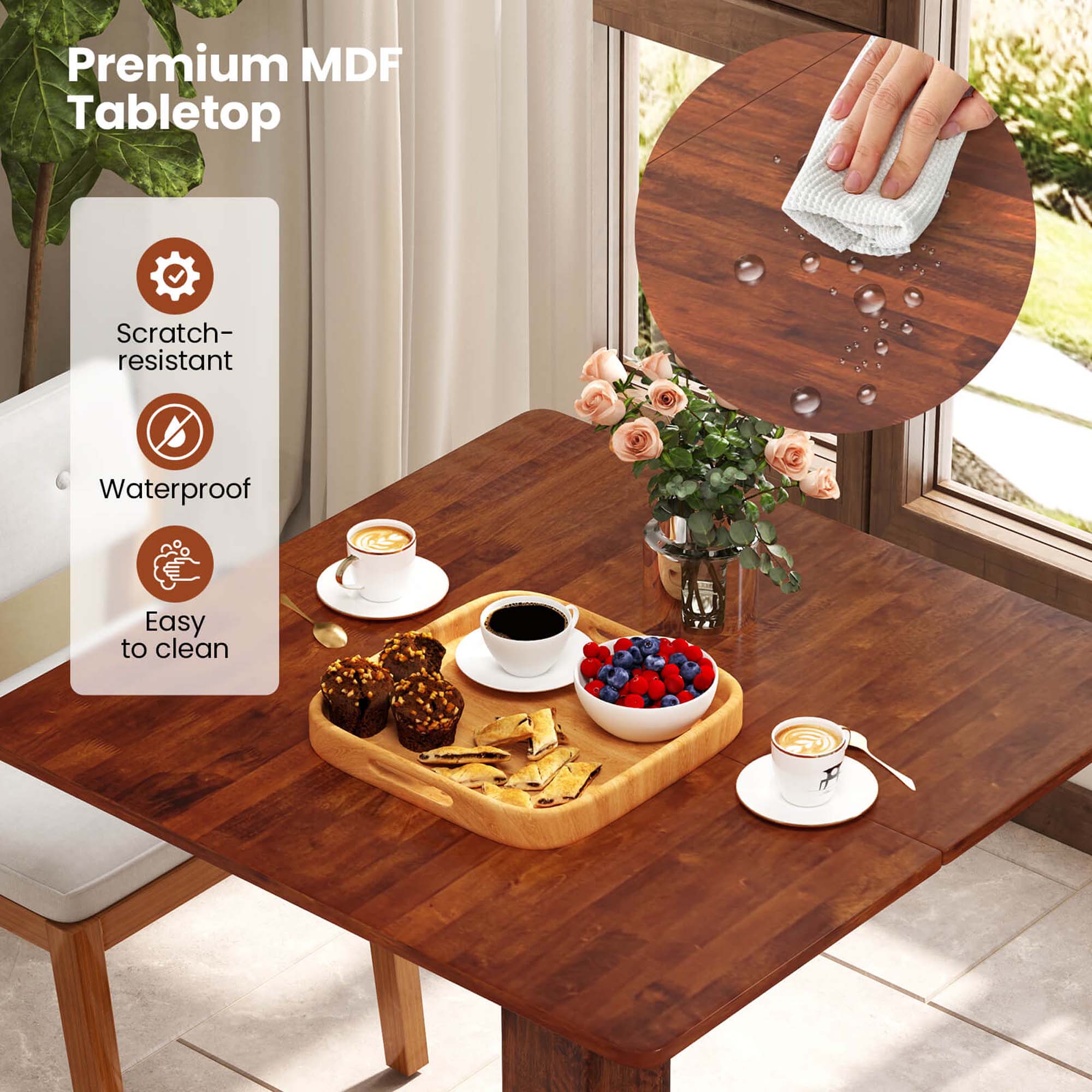 Premium MDF Tabletop is a scratch-resistant, waterproof, and easy-to-clean tabletop.