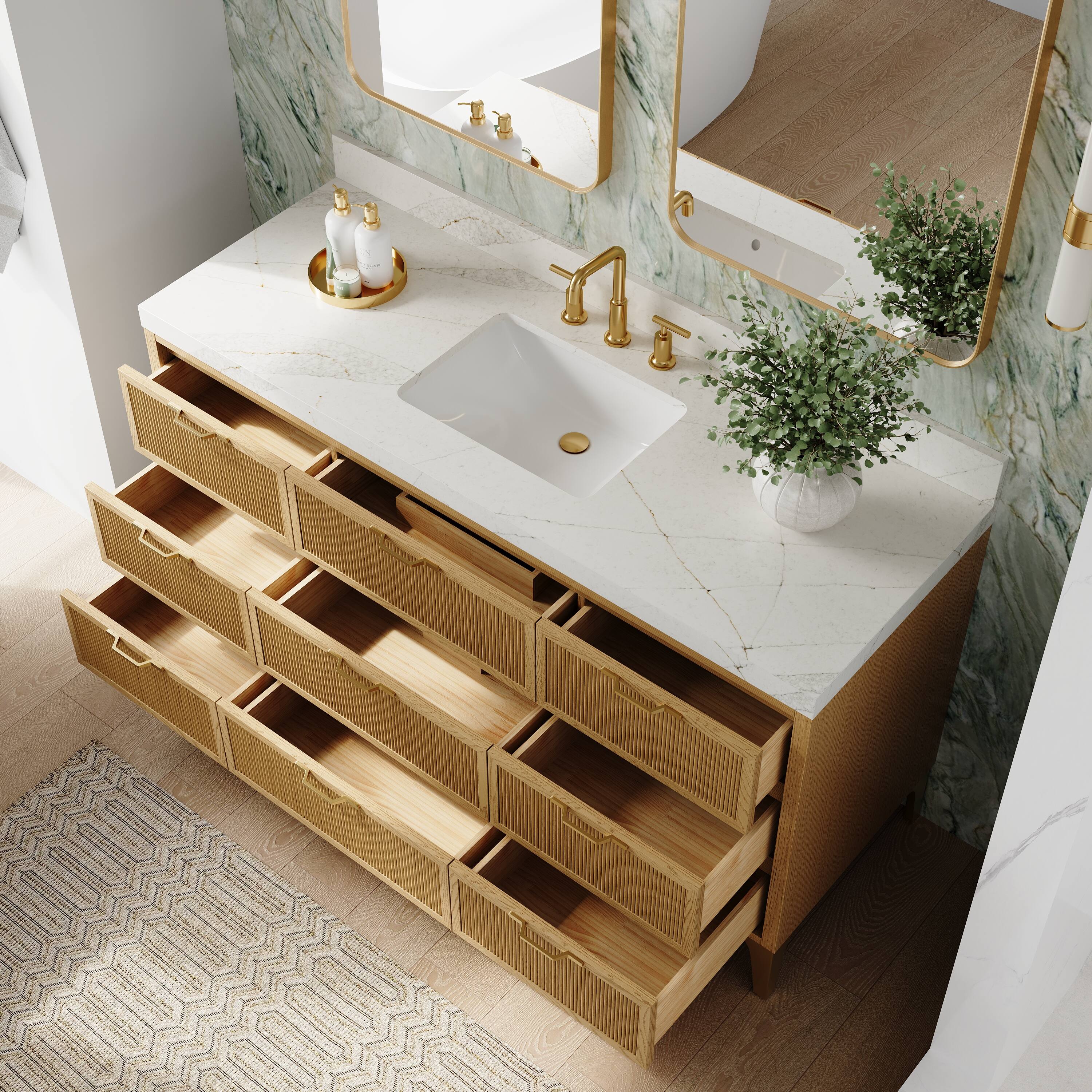 Angle. WELLFOR - LYNOAK 60 in. Freestanding Solid Wood Bath Vanity with Quartz Top, Single Sink, Soft Close, Assembled - OAK.