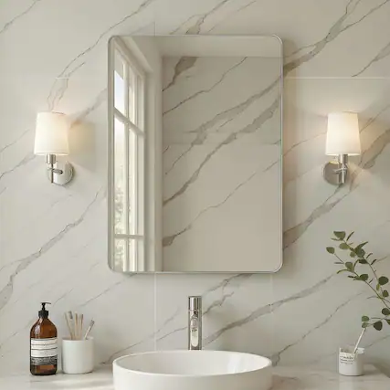 Front. Kadyn - 30x22 Inch Vertical Rectangle Wall Mirror with Rounded Corners and Silver Frame - Silver.