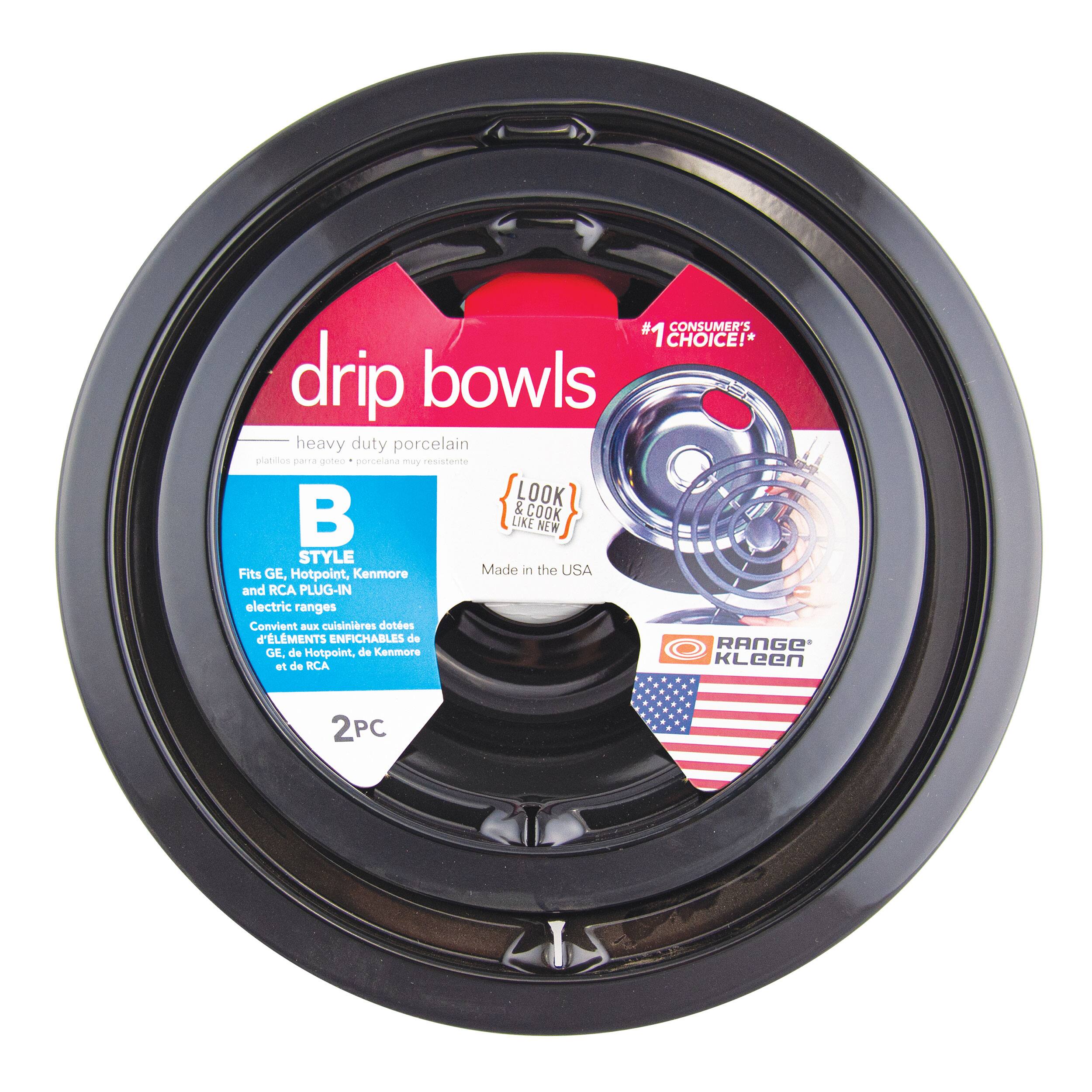 CONSUMER'S #1 CHOICE!  
drip bowls  
heavy duty porcelain  
platos de goteo porcelana may resistente  

B  
STYLE  
Fits GE, Hotpoint, Kenmore and RCA PLUG-IN electric ranges  
Conviene aux cuisinières d'éléments enfichables de GE, de Hotpoint, de Kenmore et de RCA  

LOOK & COOK LIKE NEW  

Made in the USA  

RANGE KLEEN  

2PC