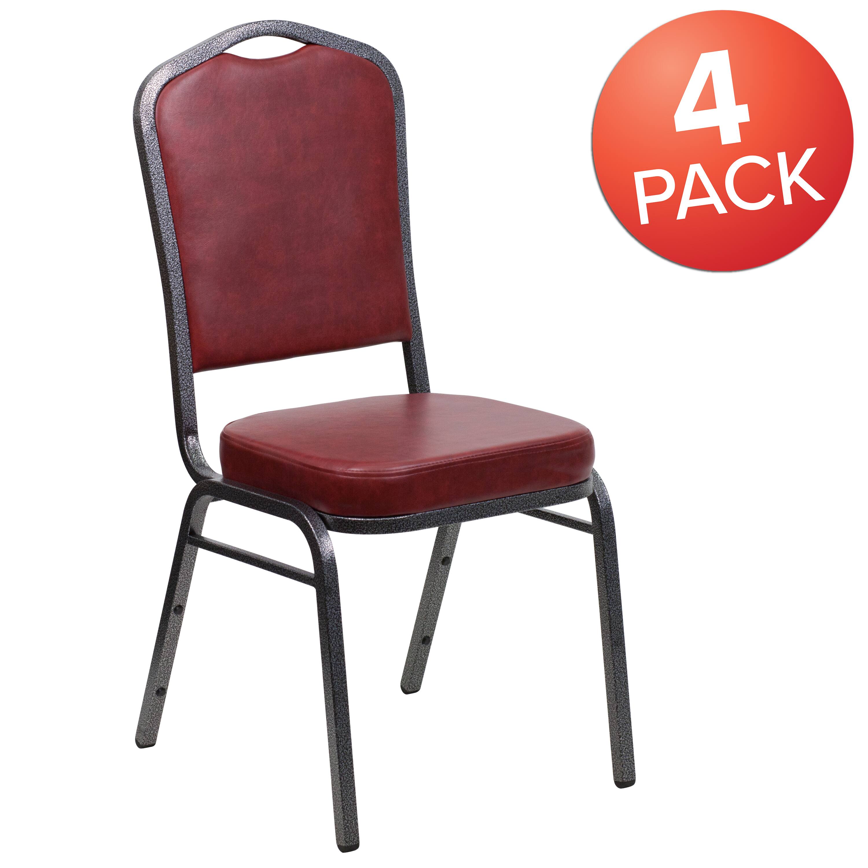 Alt View 1. Emma + Oliver - 4 Pack Crown Back Stacking Banquet Chair - Burgundy Vinyl/Silver Vein Frame.