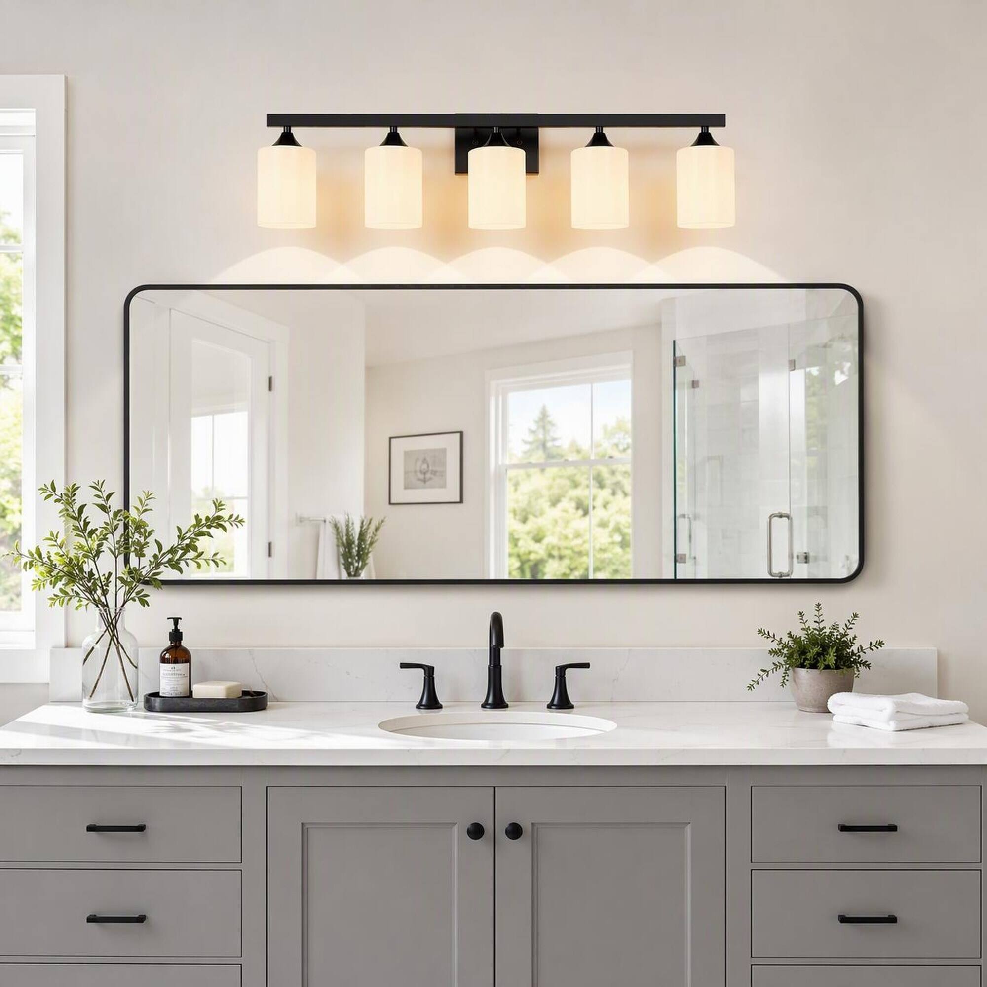 Left. RYHNUYNE - 5-Light Matte Black Bathroom Vanity Light with Frosted Glass Shades, Moisture-Resistant Metal Wall Sconce.