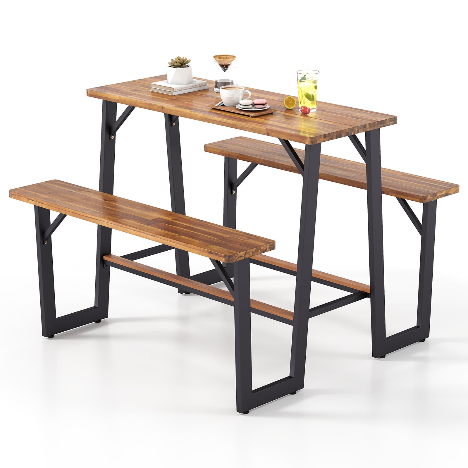 Gymax - Outdoor Picnic Table for 4 Acacia Wood Rectangular Picnic Table w/ 2 Built-in Benches - Natural, Black price history on PriceWatchPro