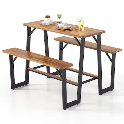 Front. Gymax - Gymax Outdoor Picnic Table for 4 Acacia Wood Rectangular Picnic Table w/ 2 Built-in Benches - Natural, Black.