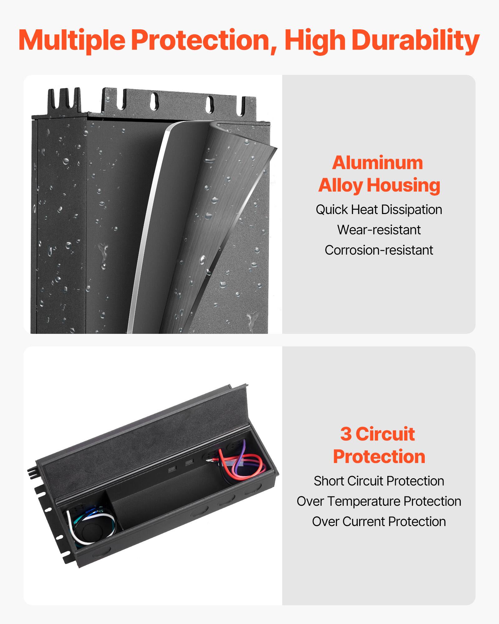Multiple Protection, High Durability

Aluminum Alloy Housing
- Quick Heat Dissipation
- Wear-resistant
- Corrosion-resistant

3 Circuit Protection
- Short Circuit Protection
- Over Temperature Protection
- Over Current Protection