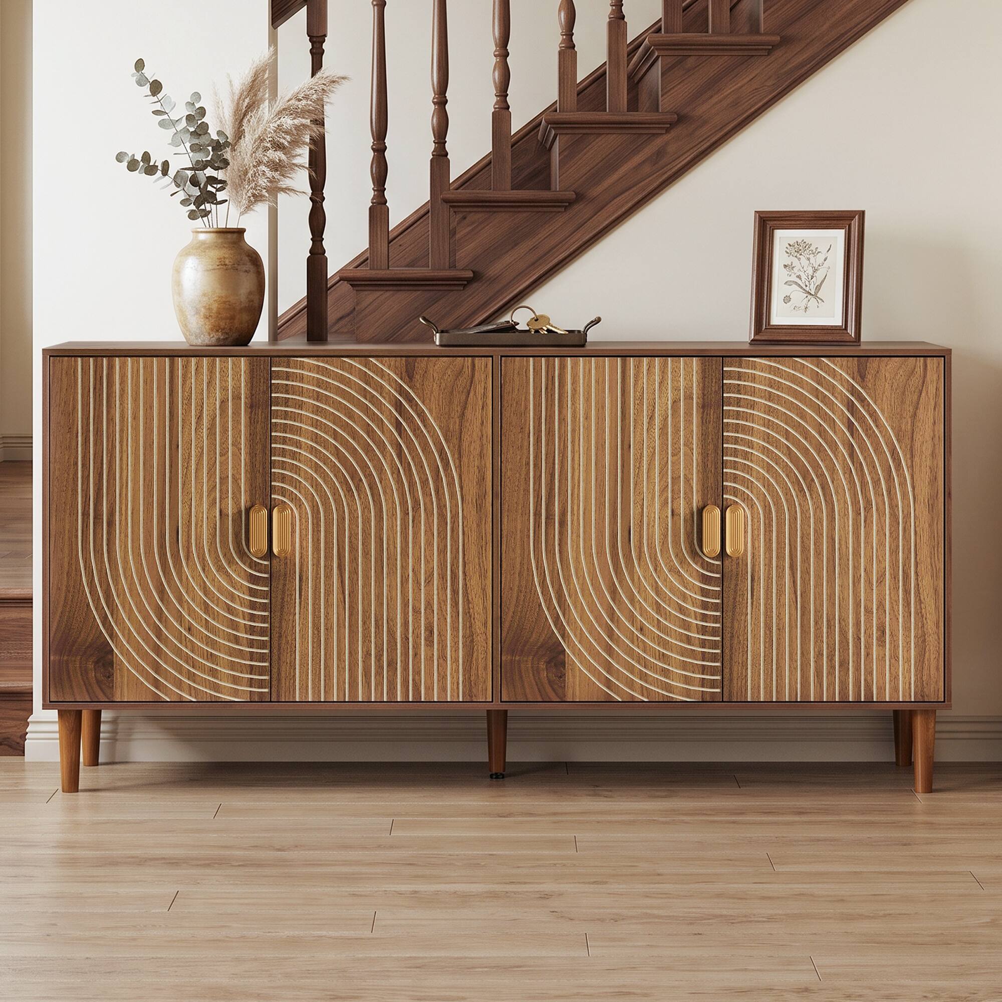 Angle. Z-Edge - Buffet Cabinet with Storage, 62.6" Sideboard with 4 Doors,Mid Century Modern Credenza Coffee Bar for Living Room Kitchen - Walnut.