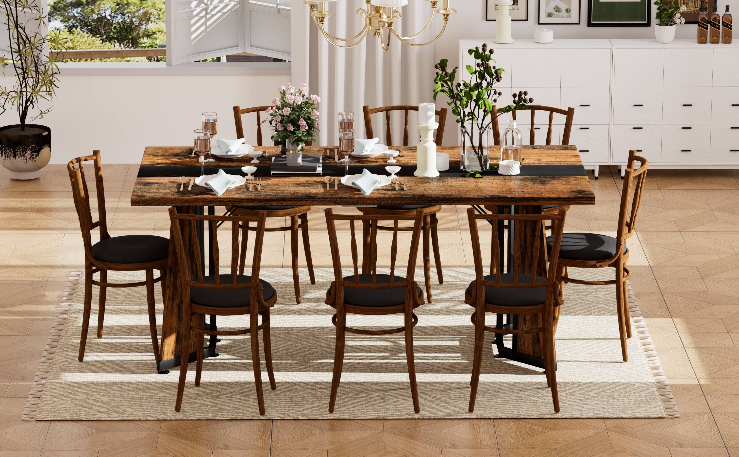 Alt View 1. Tiramisubest - 70.9"Rectangular Waterproof Large Dining Table for 8 People,Deluxe Family Dining Table with Adjustable Legs,Rustic Brown - Black,Rustic Brown.