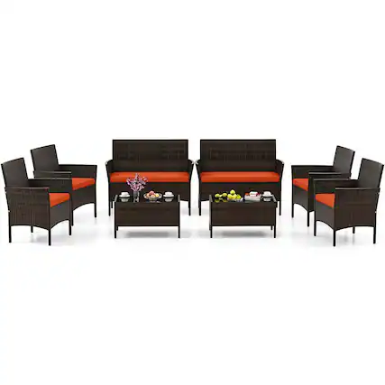 Front. Gymax - Gymax Set of 8 Furniture Set w/ Washable Cushions & Tempered Glass Coffee Table Orange - Orange.