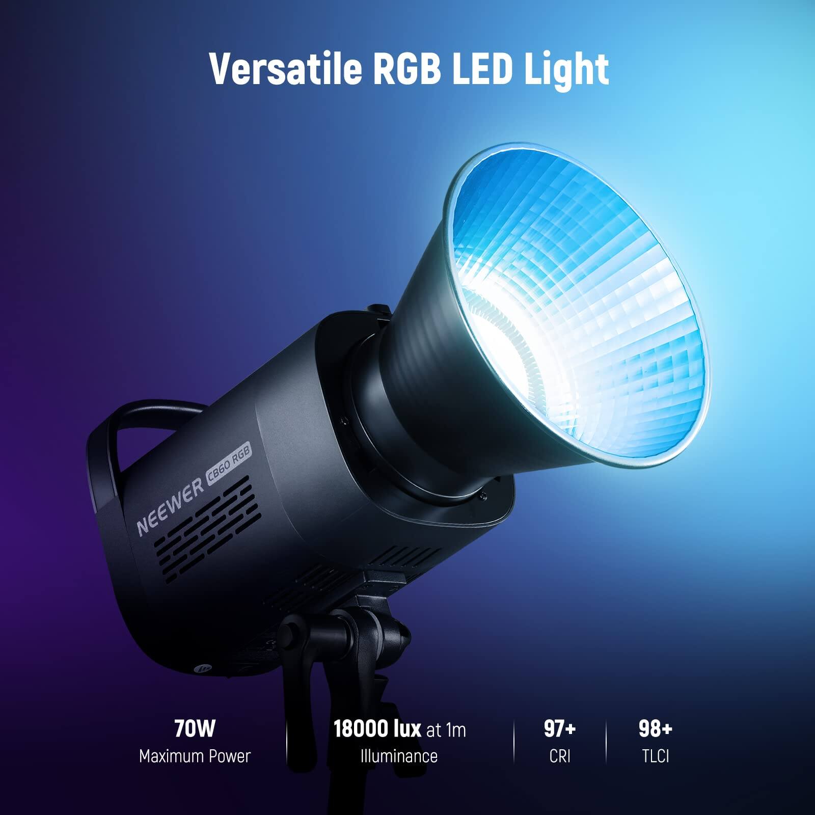 Versatile RGB LED Light  
NEEWER CB60 RGB  

70W Maximum Power  
18000 lux at 1m Illuminance  
97+ CRI  
98+ TLCI