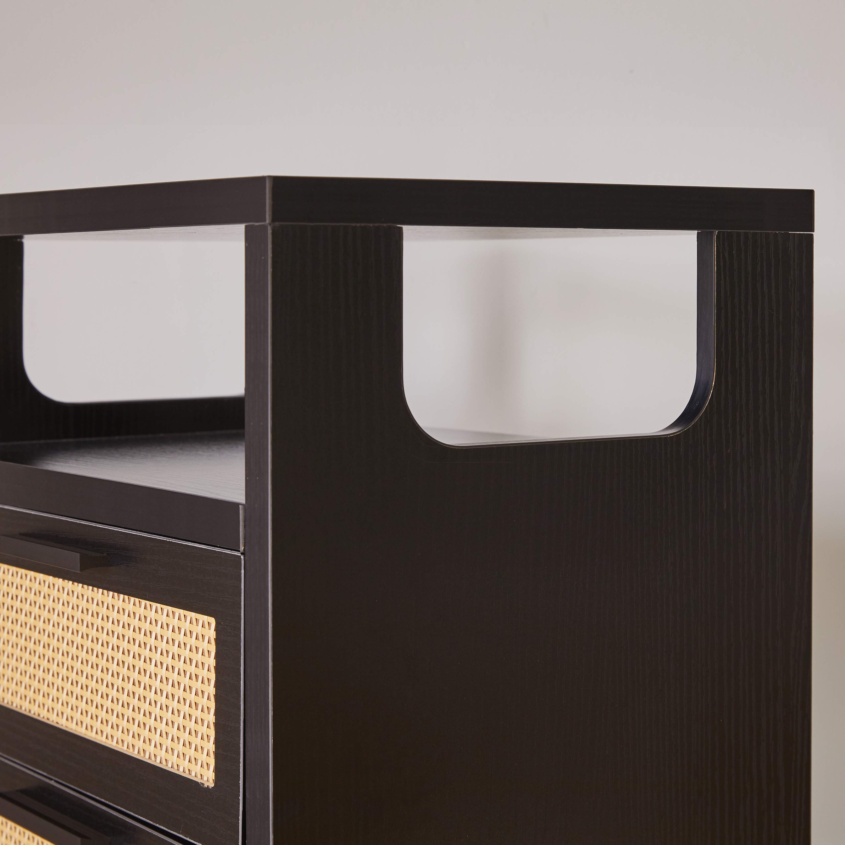 Back. Whisen - Set of 2 Nightstand with 2-Drawer Storage,Rattan-Front Bedside Table for Bedroom with Handles - Black.