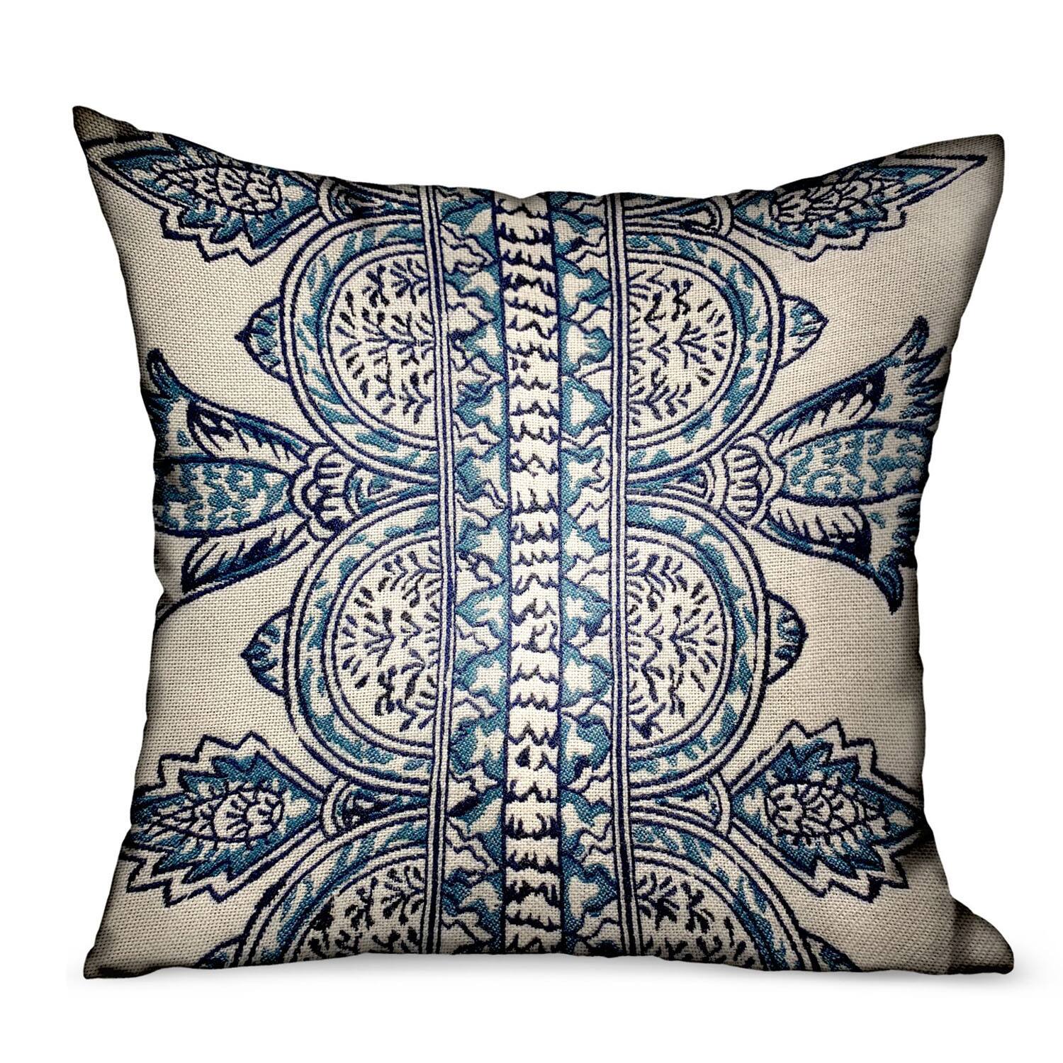 Front. Plutus Brands - Aristocratic Floret Paisley Luxury Outdoor Indoor Throw Pillow Double sided 16" x 16" - White, Blue.